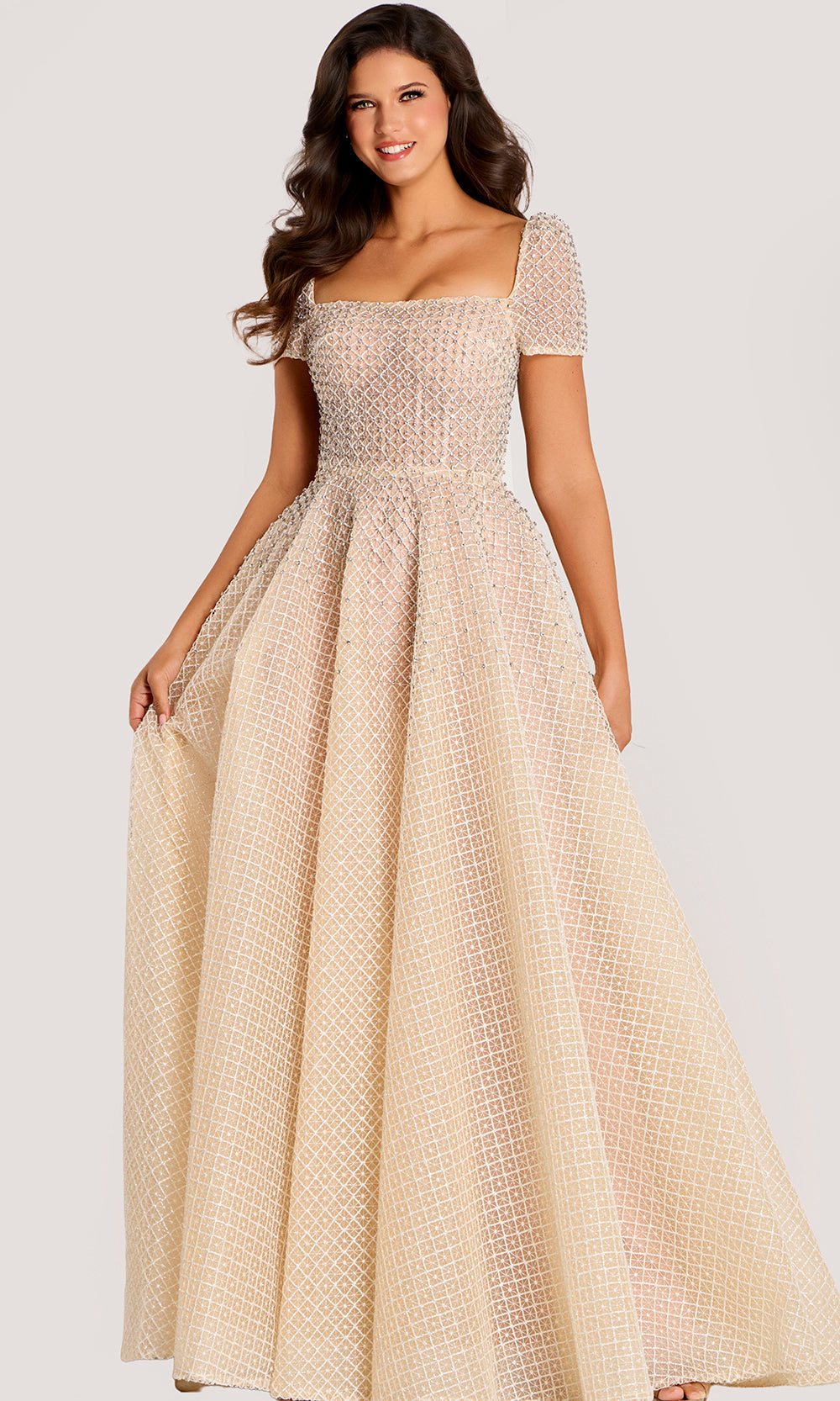 Jovani 45790 - Short Sleeve Lattice A-Line Evening Gown