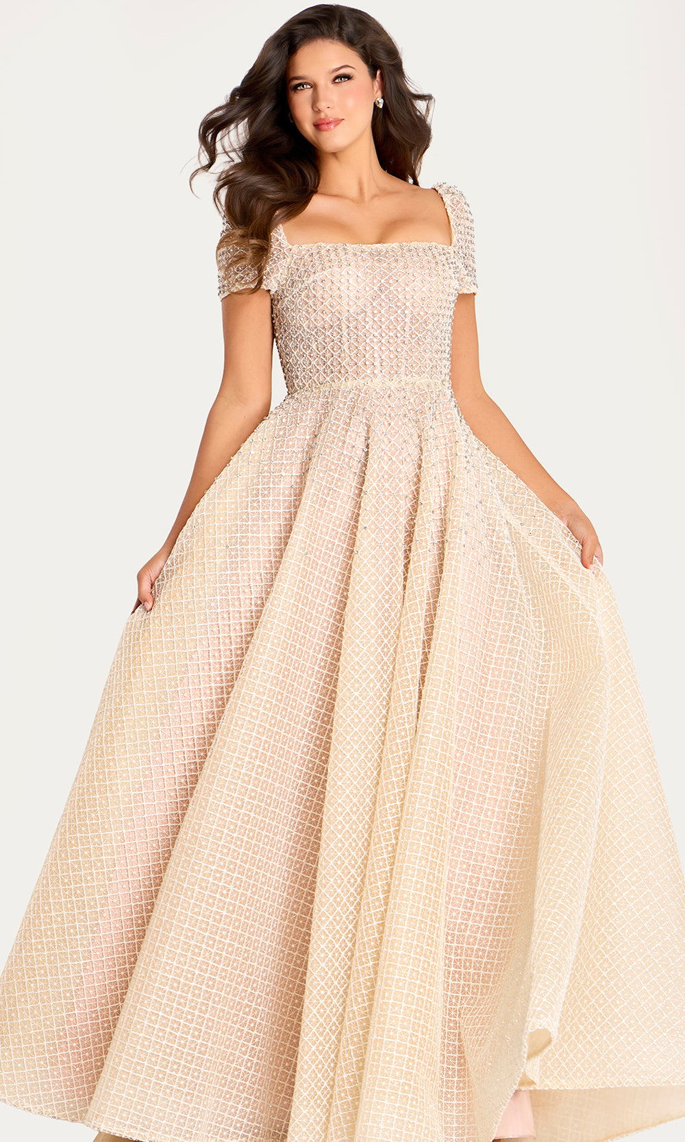 Jovani 45790 - Short Sleeve Lattice A-Line Evening Gown