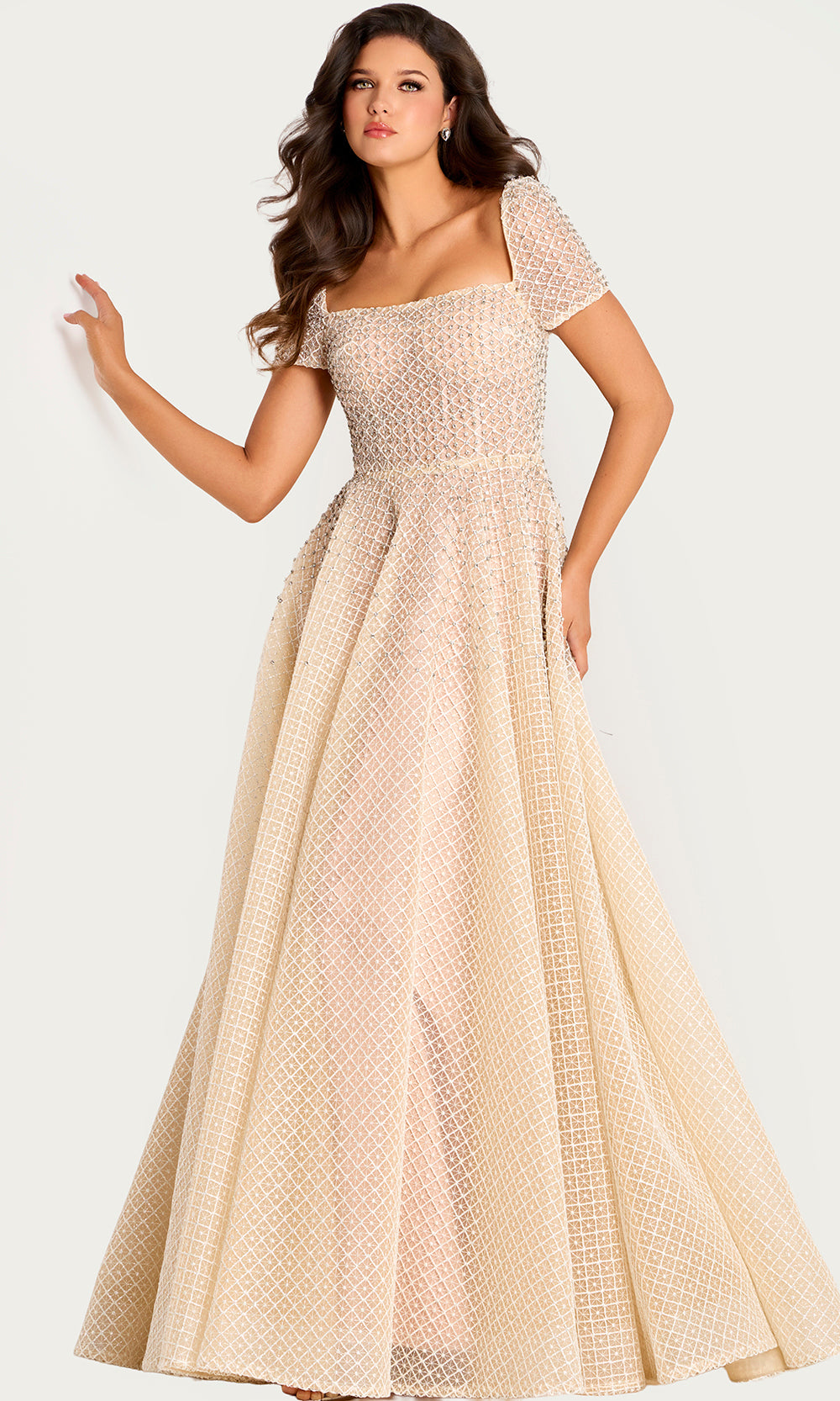 Jovani 45790 - Short Sleeve Lattice A-Line Evening Gown
