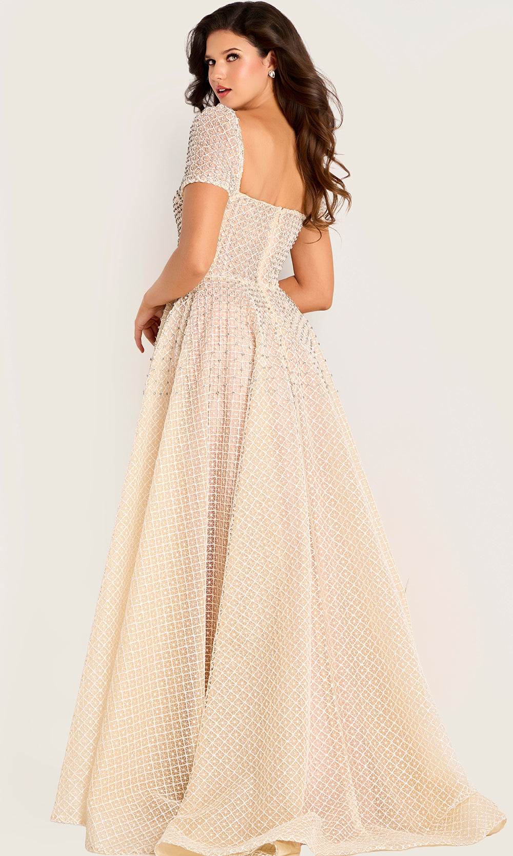 Jovani 45790 - Short Sleeve Lattice A-Line Evening Gown