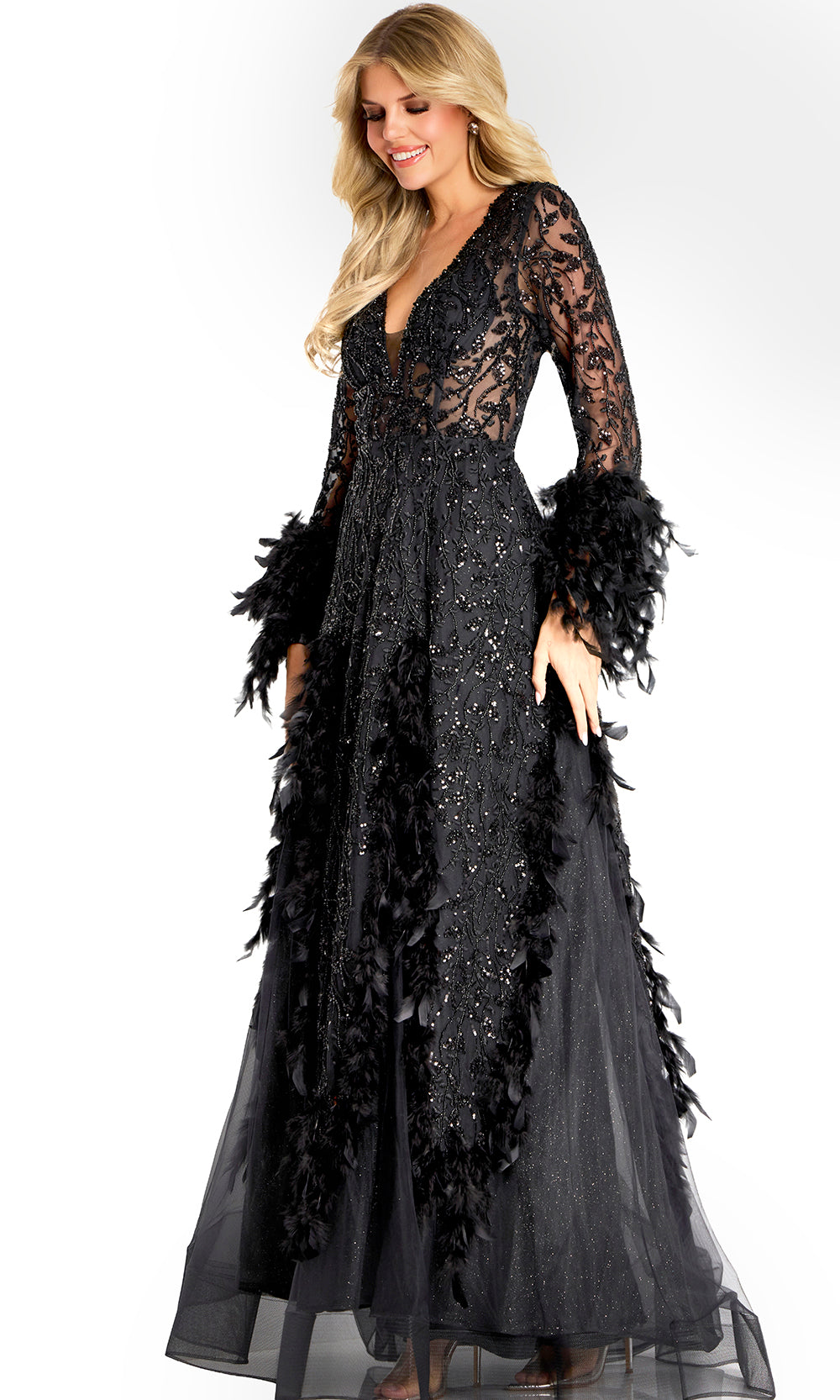 Jovani 45801 - Plunging Neck Feather Applique A-Line Gown