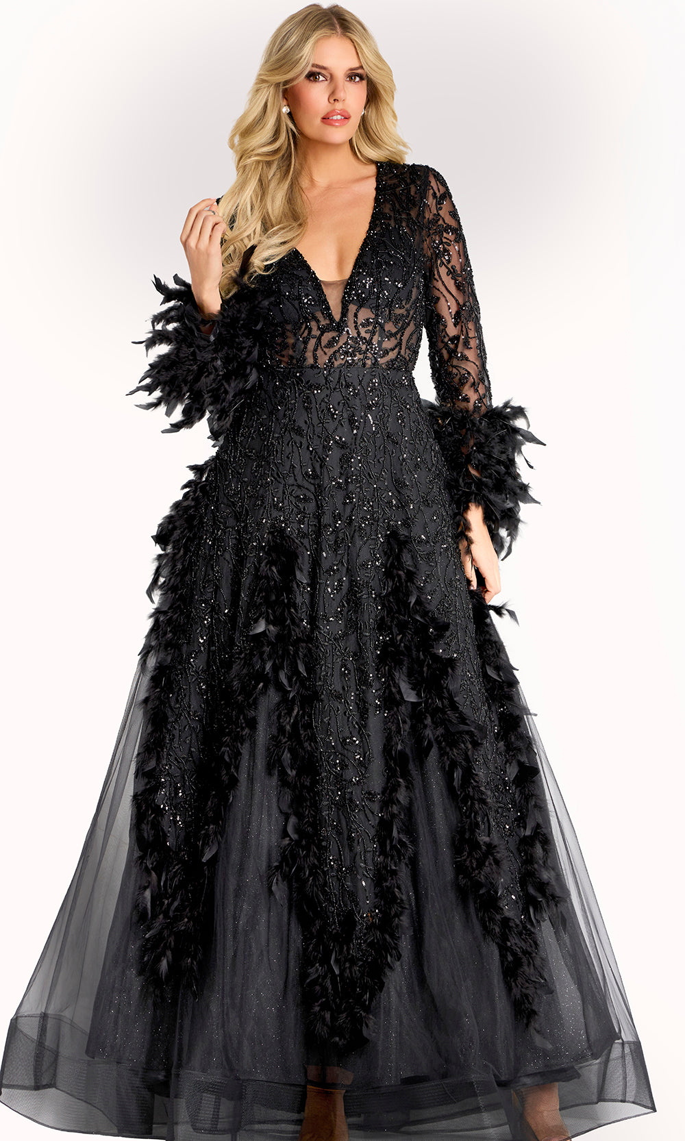 Jovani 45801 - Plunging Neck Feather Applique A-Line Gown