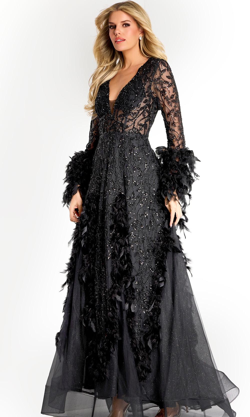Jovani 45801 - Plunging Neck Feather Applique A-Line Gown