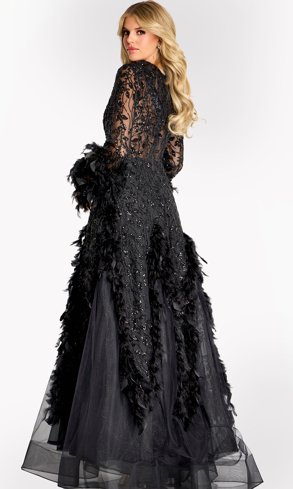 Jovani 45801 - Plunging Neck Feather Applique A-Line Gown