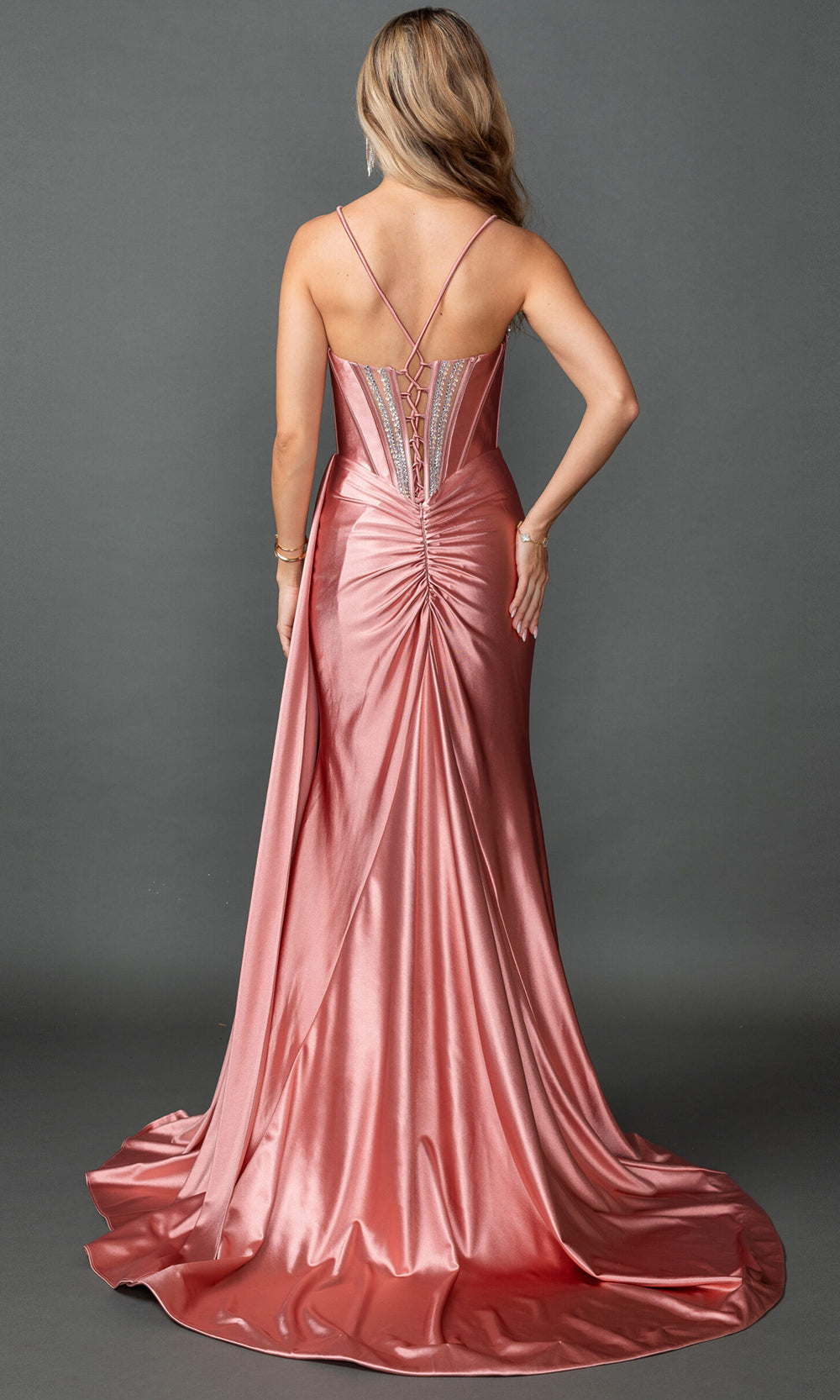 Dancing Queen 4581 - Sweetheart Satin Side Draped Prom Gown Prom Dresses in Rose Gold