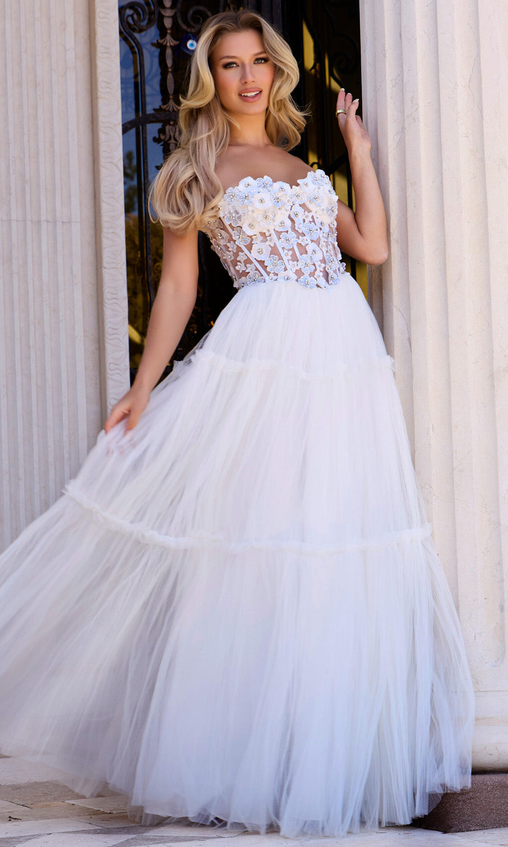 Jovani 45866 - Floral Corset Bodice Tiered Gown