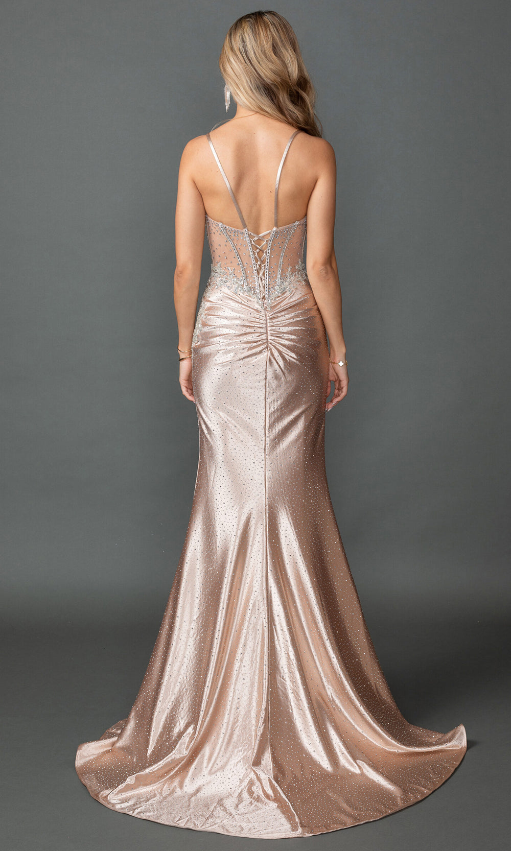 Dancing Queen 4586 - Beaded Bodice High Slit Satin Prom Gown Prom Dresses in Champagne