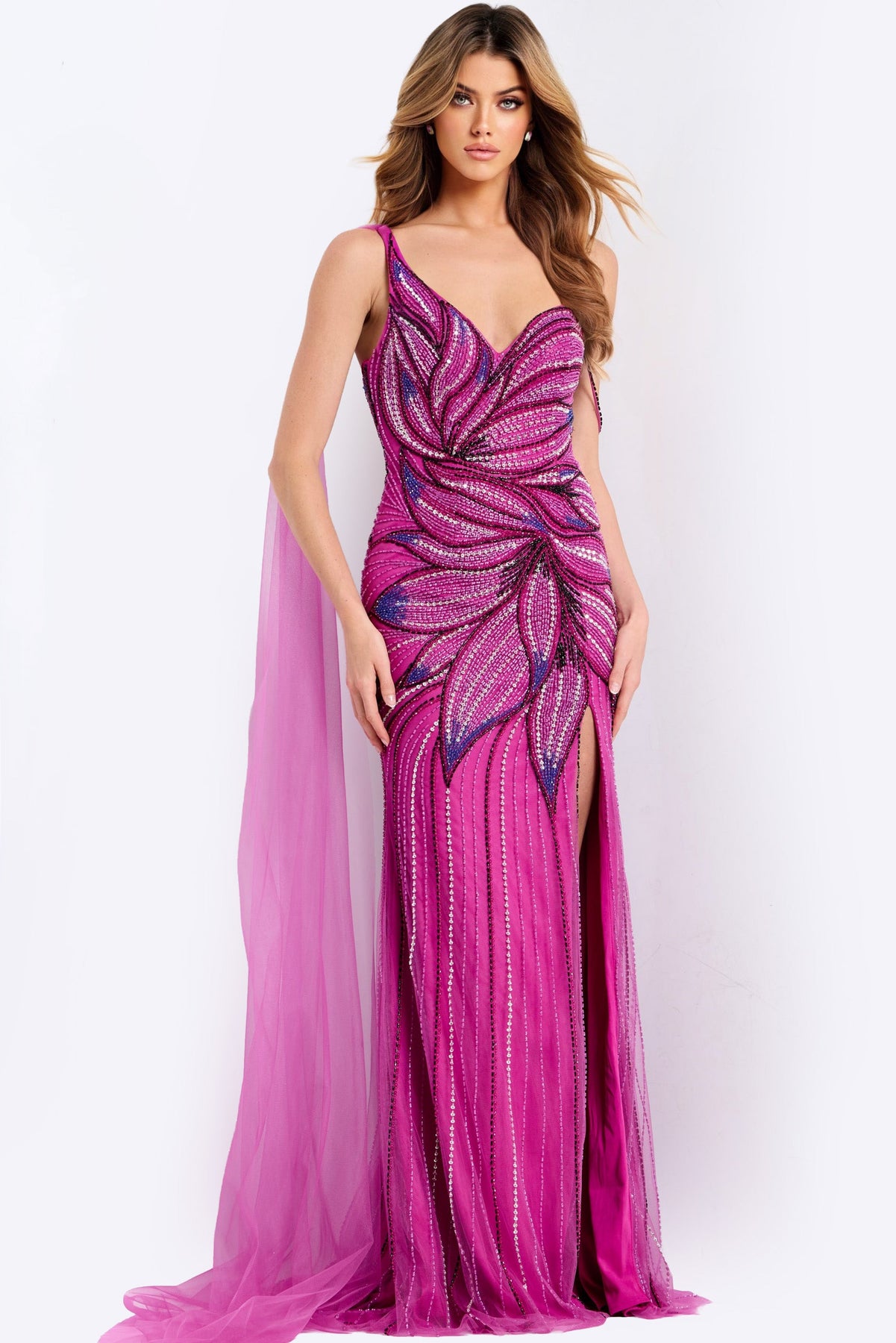 Jovani 45876 - Sheer Cape Beaded Sheath Gown Prom Dresses in In Purple