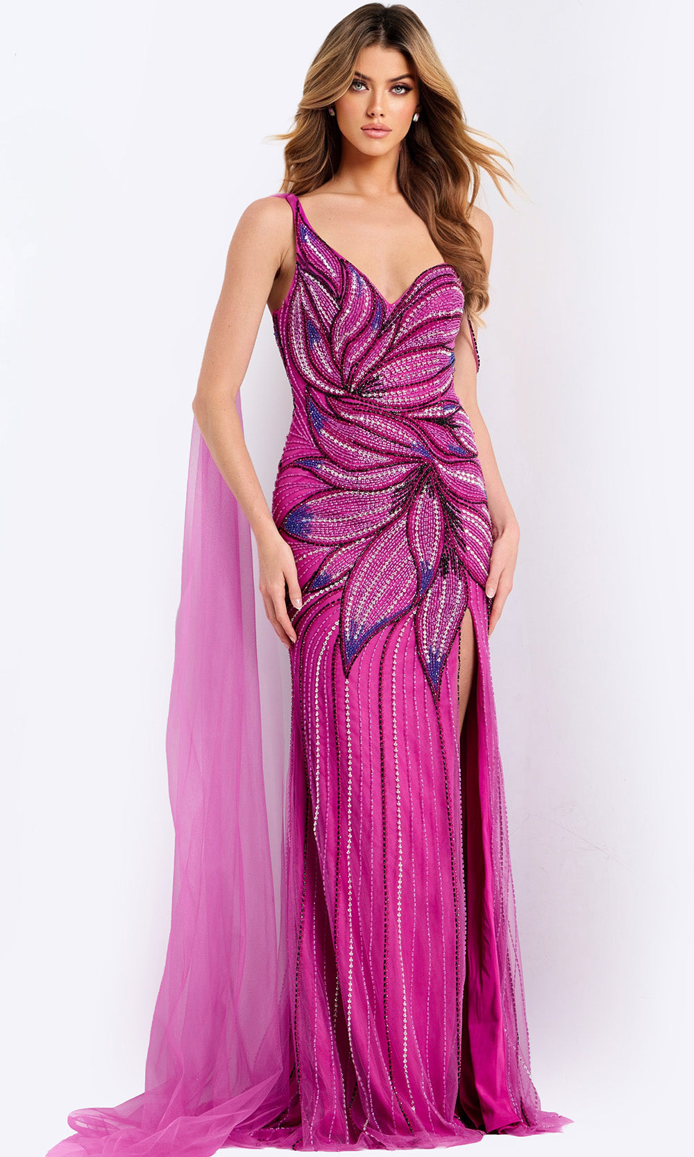 Jovani 45876 - Sheer Cape Beaded Sheath Gown