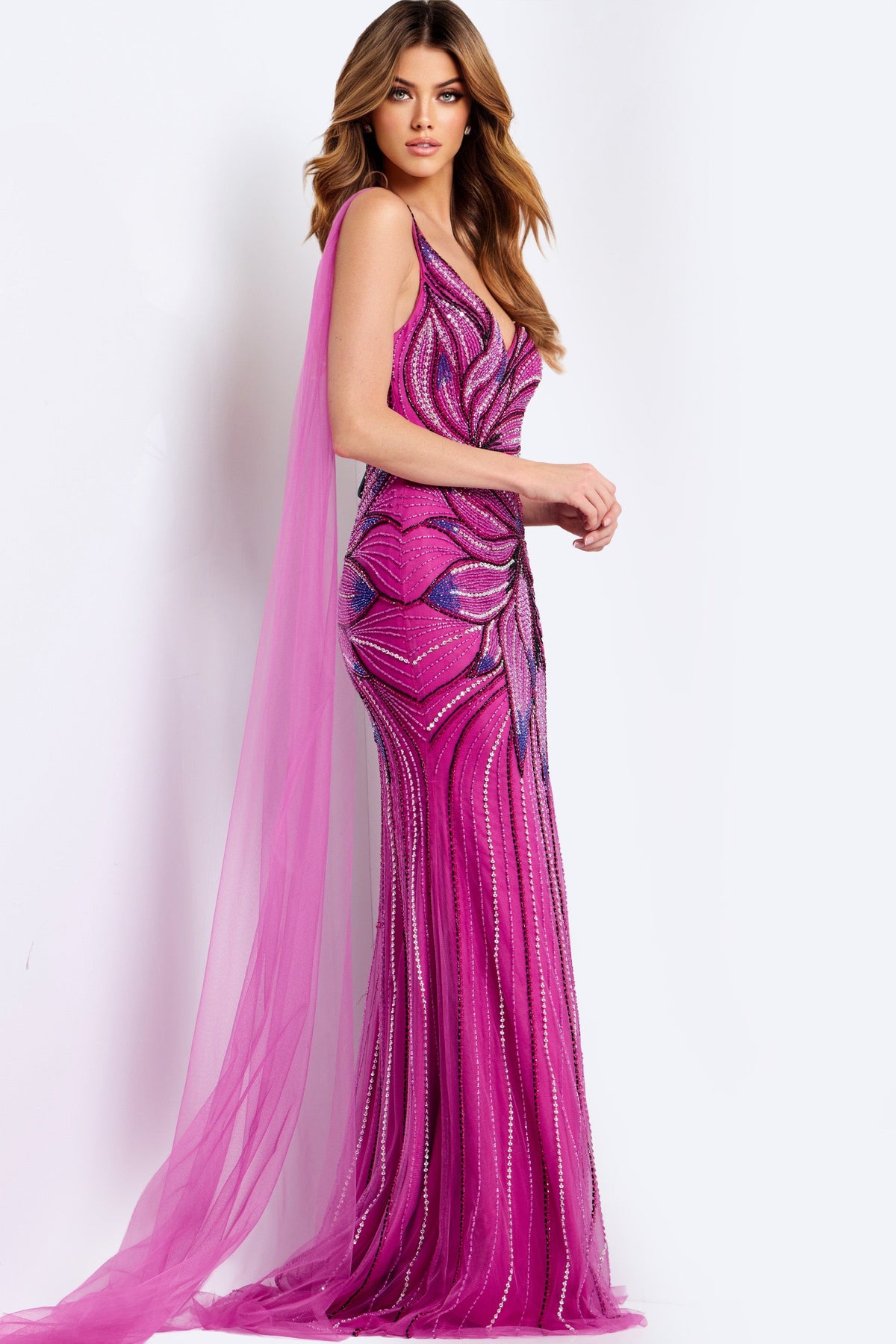 Jovani 45876 - Sheer Cape Beaded Sheath Gown Prom Dresses in In Purple