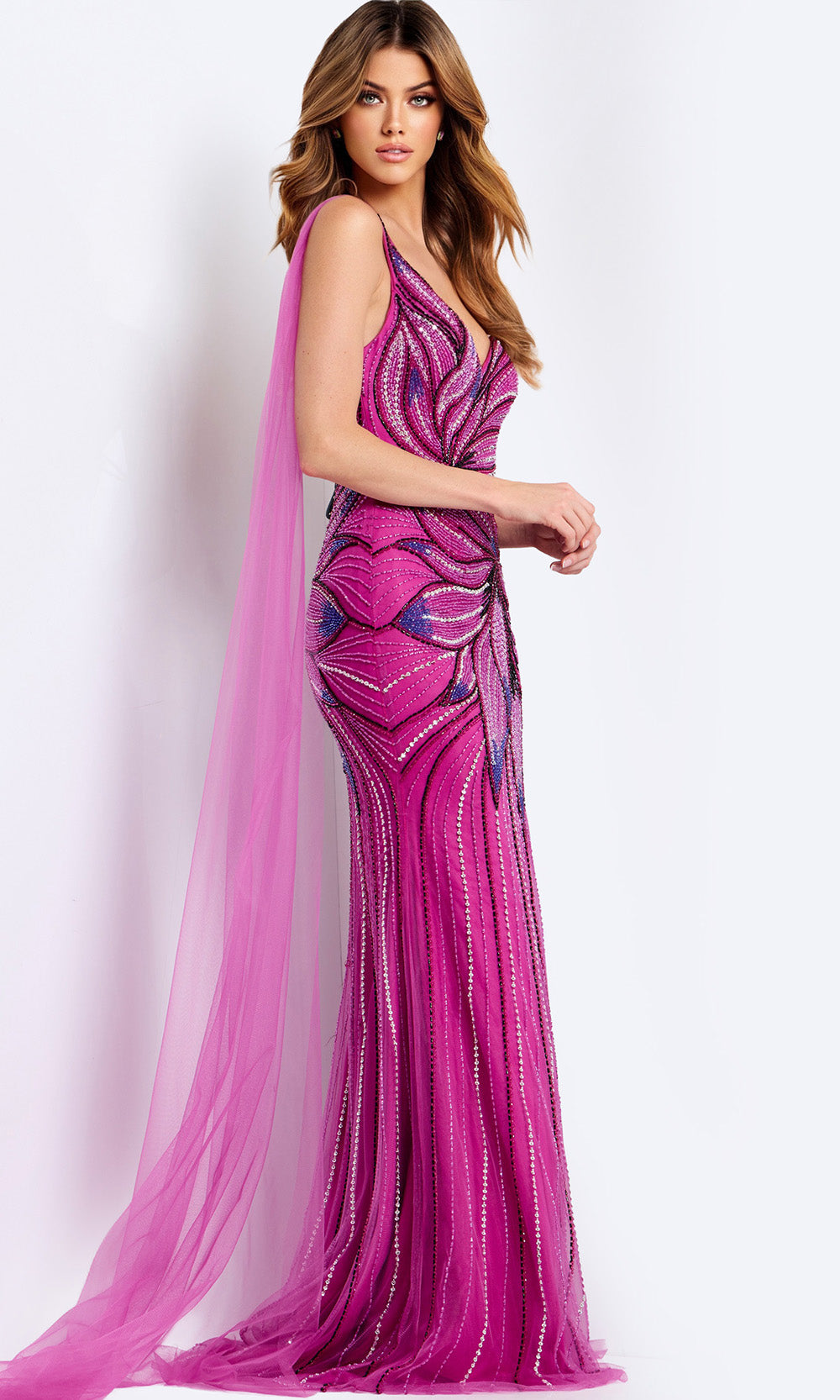 Jovani 45876 - Sheer Cape Beaded Sheath Gown