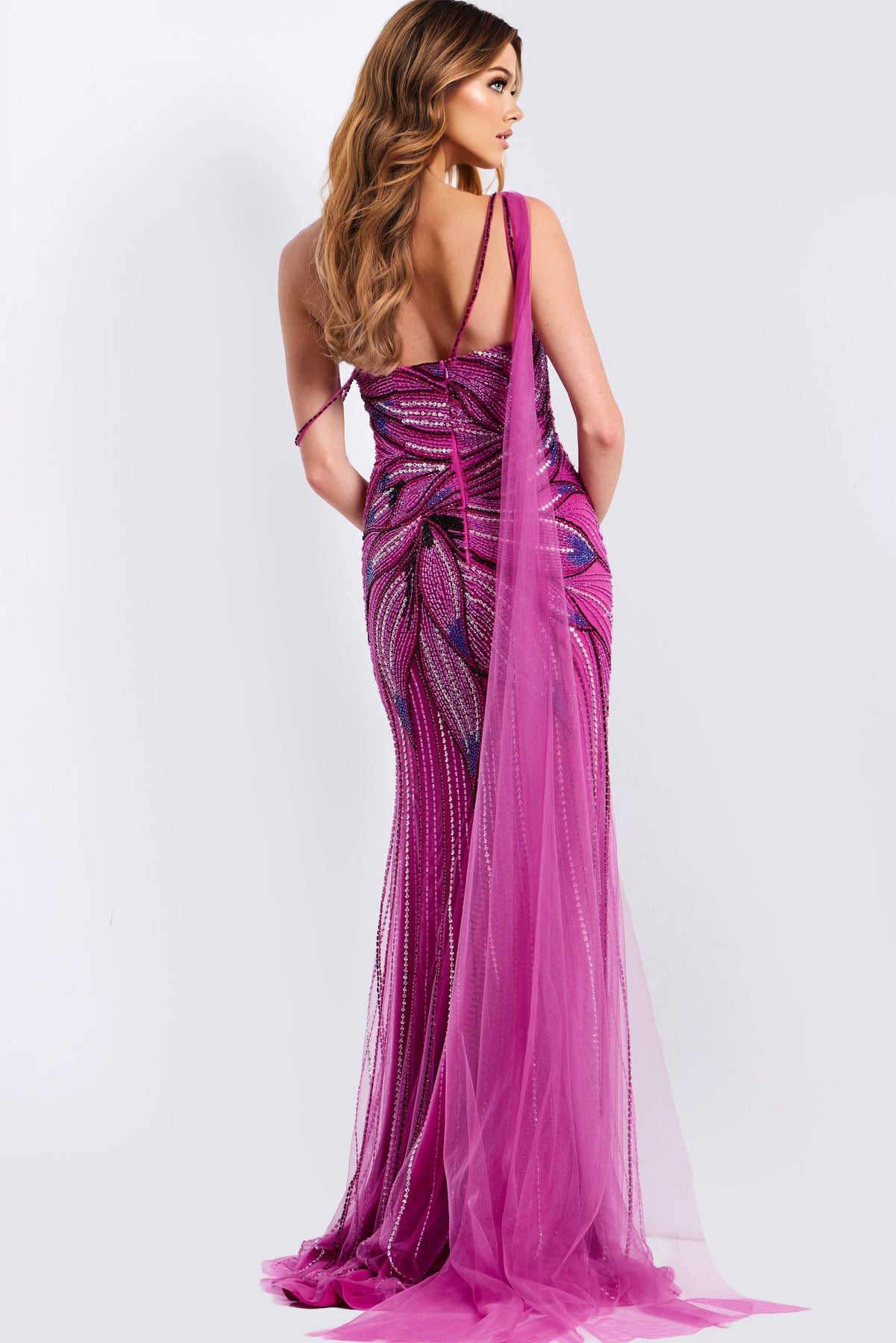 Jovani 45876 - Sheer Cape Beaded Sheath Gown Prom Dresses in In Purple