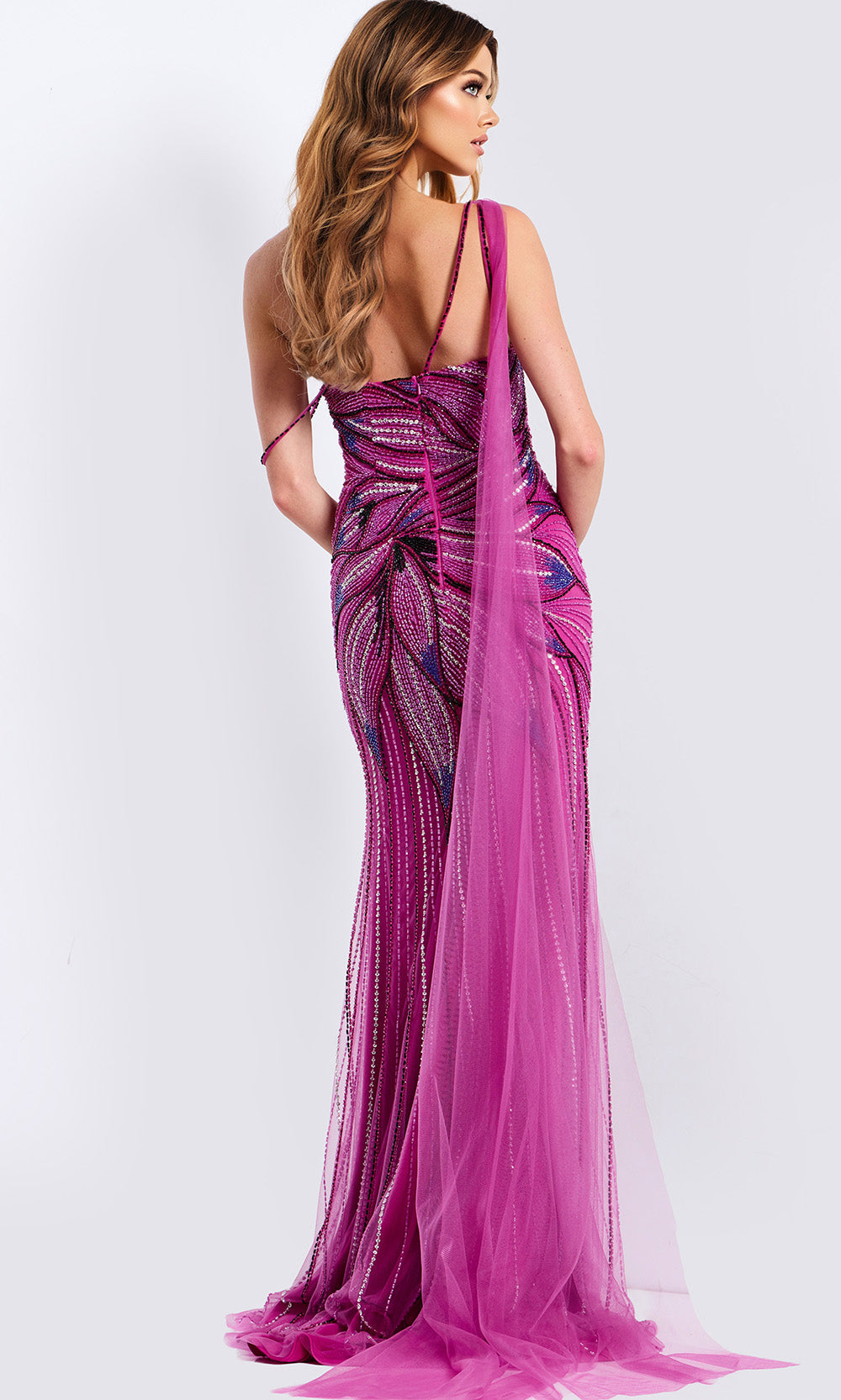 Jovani 45876 - Sheer Cape Beaded Sheath Gown