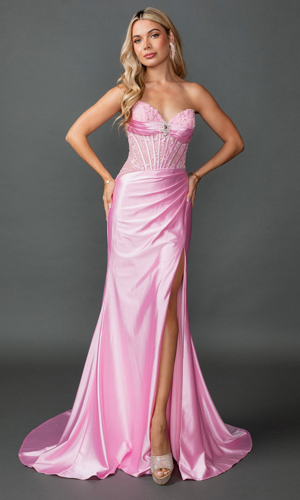 Dancing Queen 4587 - Sweetheart Beaded Applique Slit Prom Gown Prom Dresses in Pink 