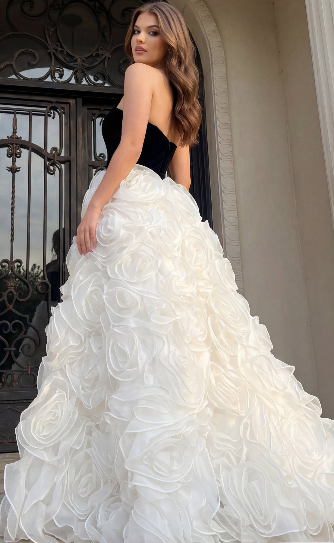Jovani 45883 - Strapless Bodice 3D Rosette Ballgown Ball Gowns  in and White 