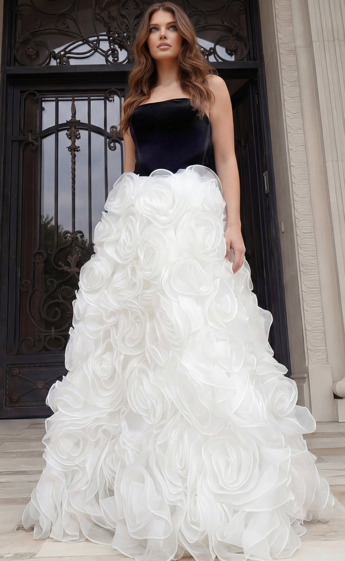 Jovani 45883 - Strapless Bodice 3D Rosette Ballgown Ball Gowns  in and White 
