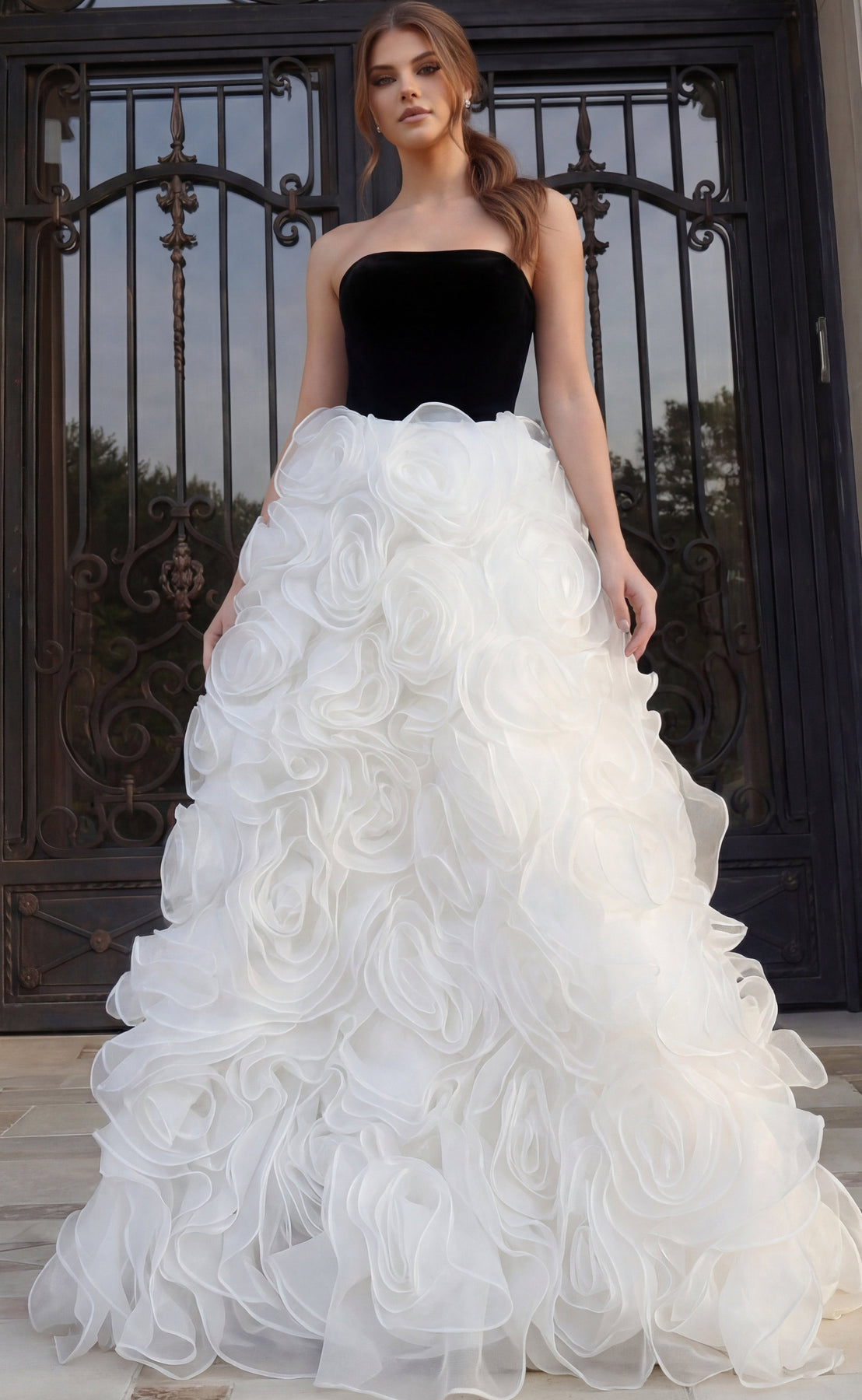 Jovani 45883 - Strapless Bodice 3D Rosette Ballgown Ball Gowns  in and White 