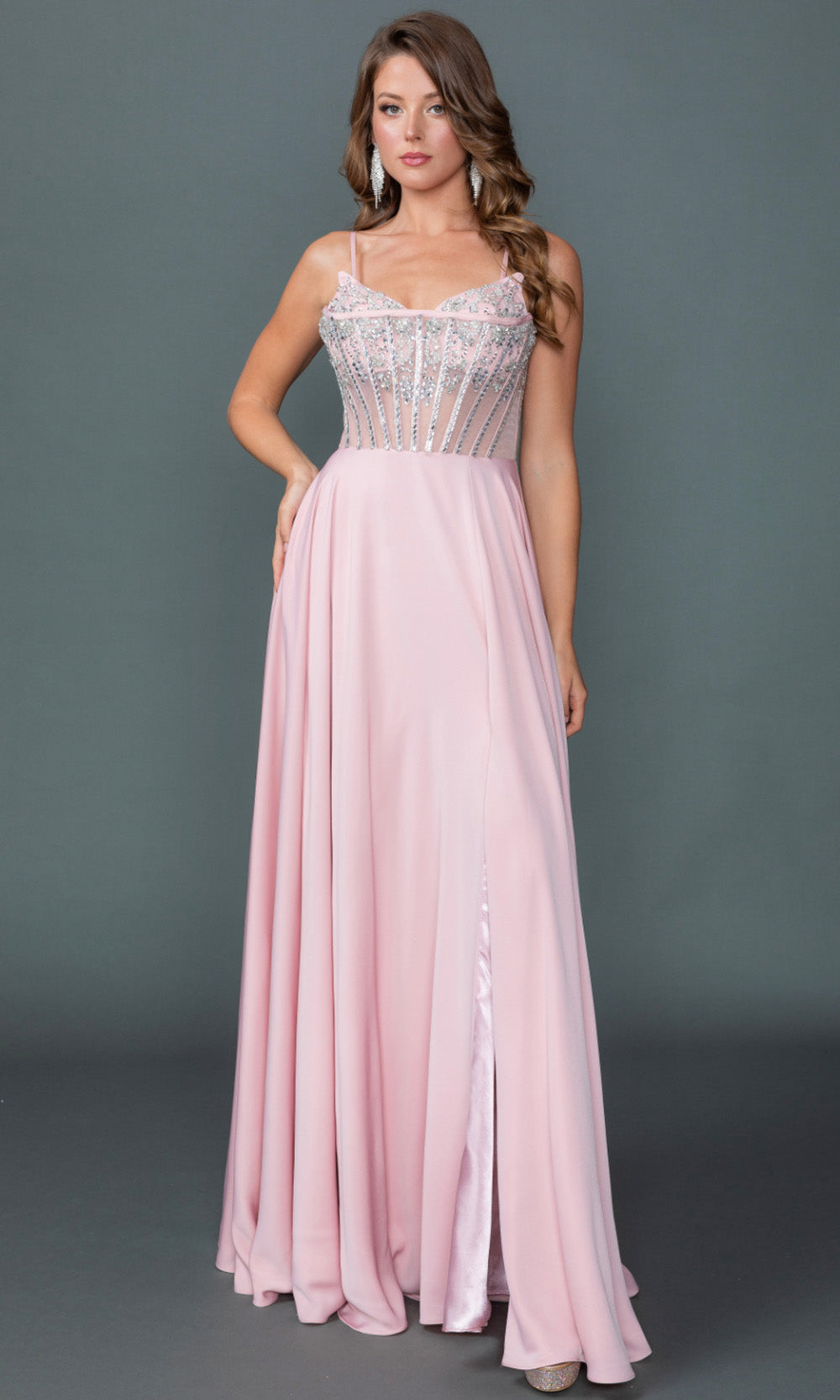 Dancing Queen 4589 - Embellished Corset Flowing Prom Gown Formal Gowns in Blush 
