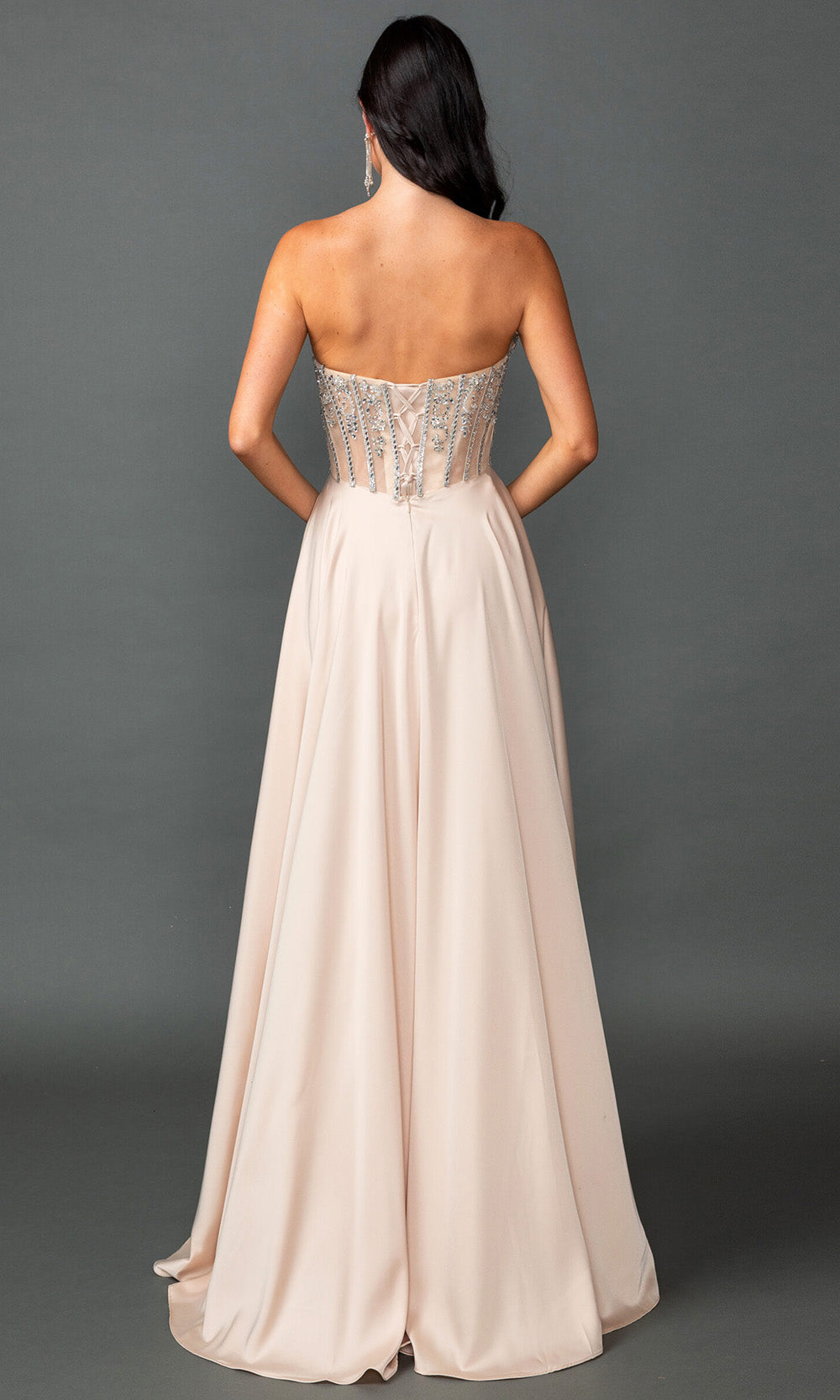 Dancing Queen 4589 - Embellished Corset Flowing Prom Gown Formal Gowns in Champagne 