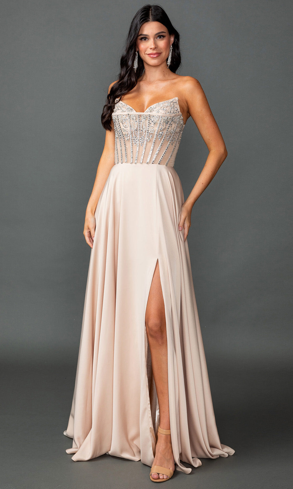 Dancing Queen 4589 - Embellished Corset Flowing Prom Gown Formal Gowns in Champagne 
