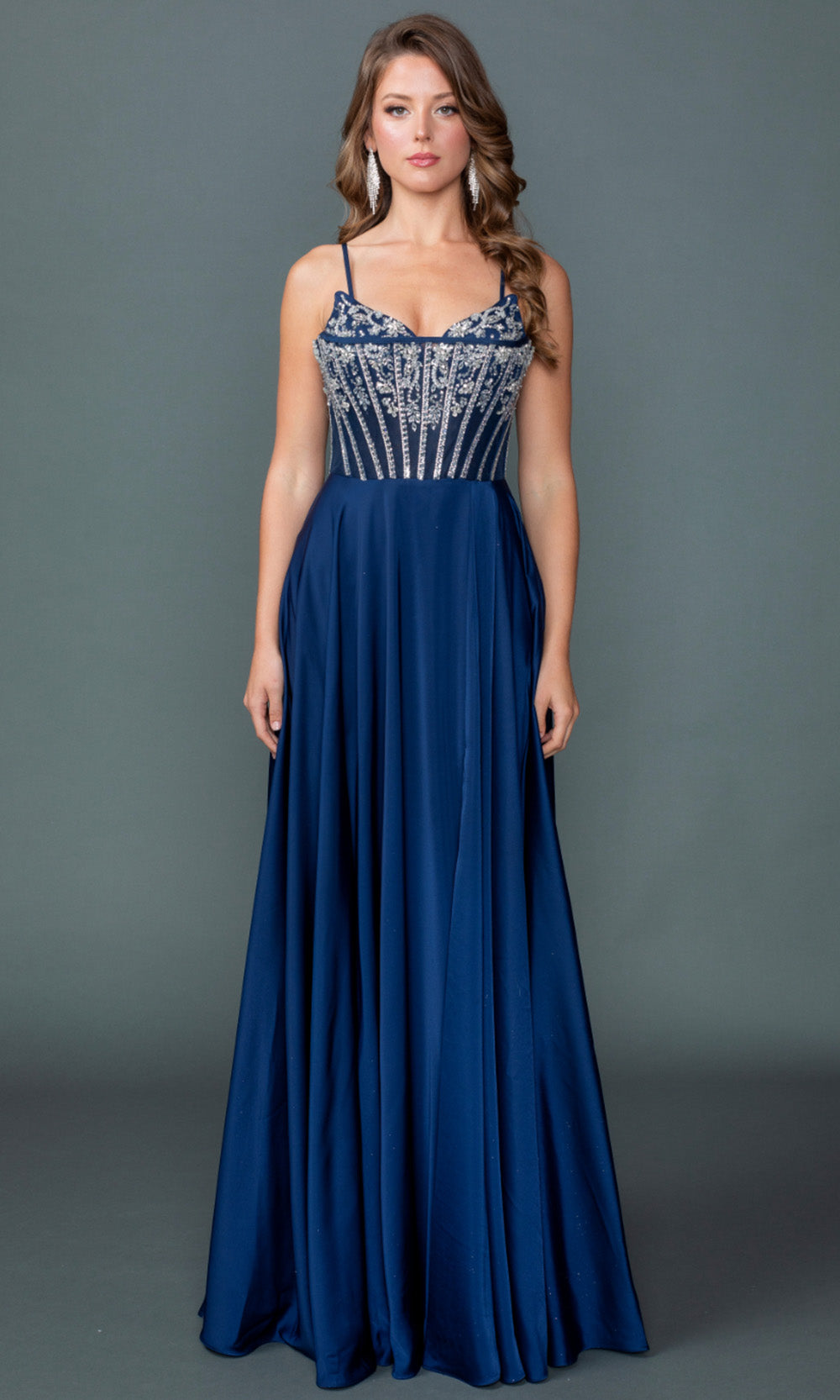 Dancing Queen 4589 - Embellished Corset Flowing Prom Gown Formal Gowns in Navy 