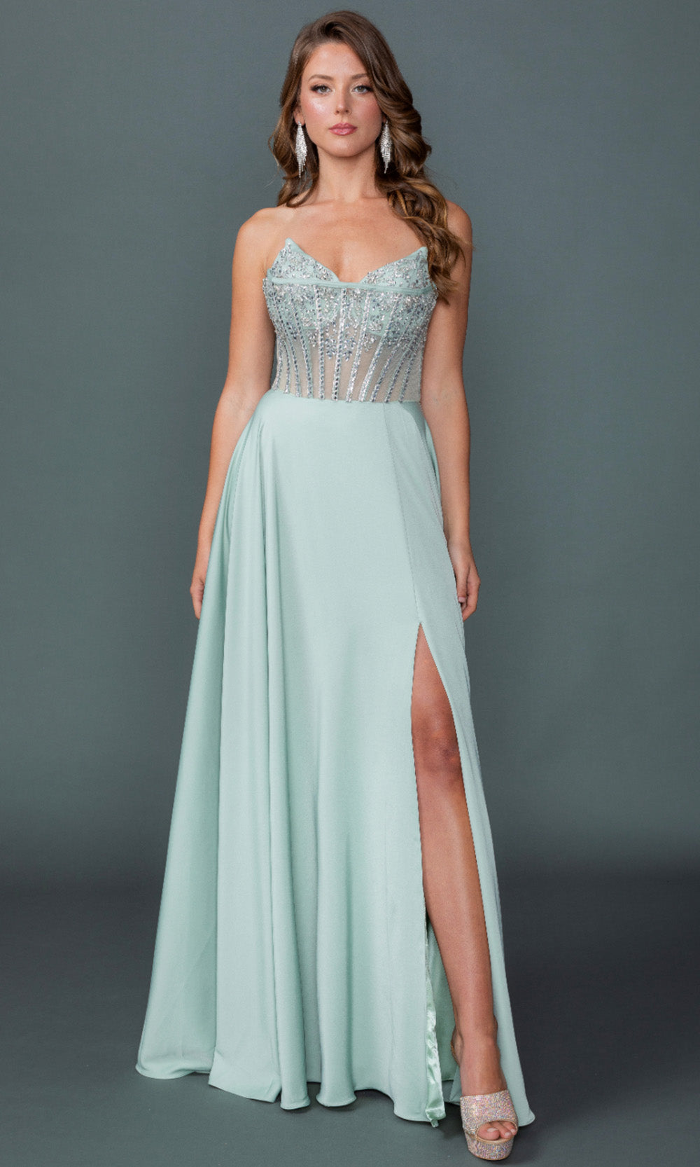 Dancing Queen 4589 - Embellished Corset Flowing Prom Gown Formal Gowns in Sage 