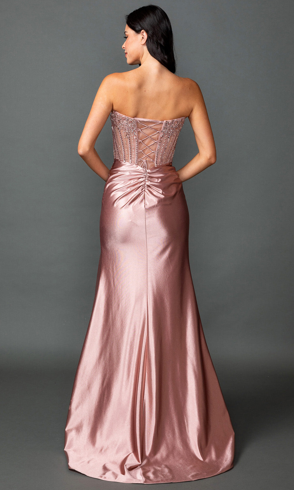 Dancing Queen 4592 - Pleated Waist Embellished Strapless Gown Formal Gowns in Rose Gold