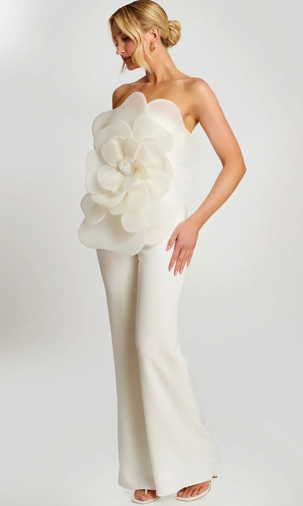 Jovani 45933 - Flared Leg Jumpsuit with Oversized Floral Formal Pantsuits  in Off White 