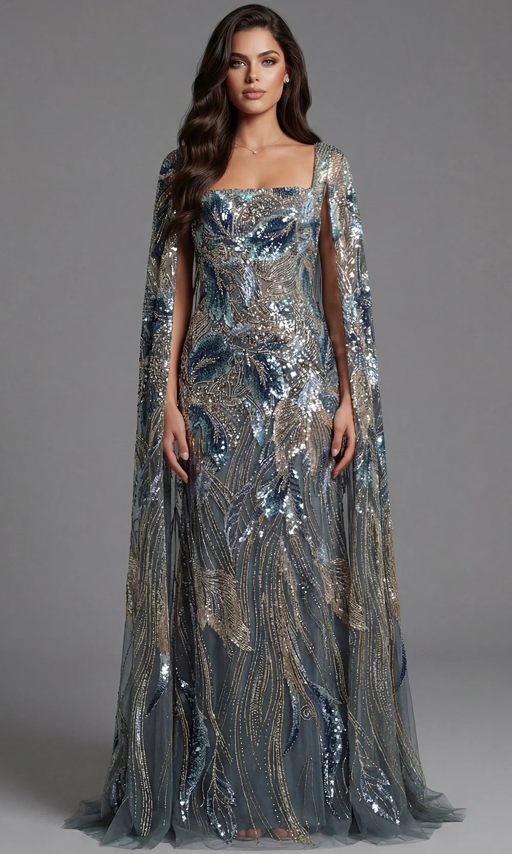 Jovani 45941 - Embellished Column Gown with Cape Prom Dresses  in Grey Multi