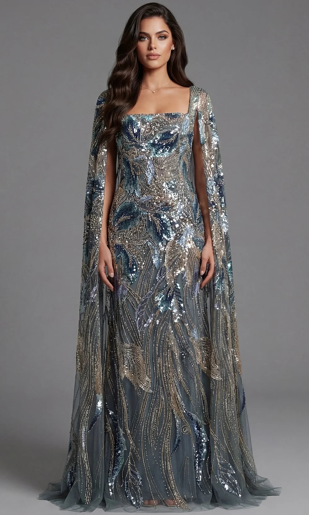 Jovani 45941 - Square Neck Cape Sleeve Evening Gown Special Occasion Dress In Grey Multi