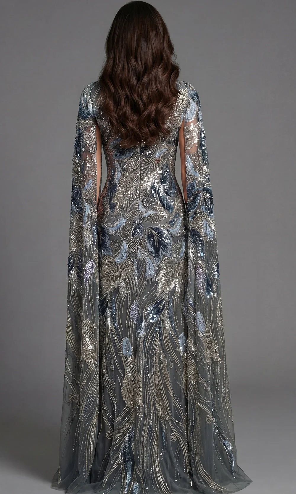 Jovani 45941 - Embellished Column Gown with Cape Prom Dresses  in Grey Multi