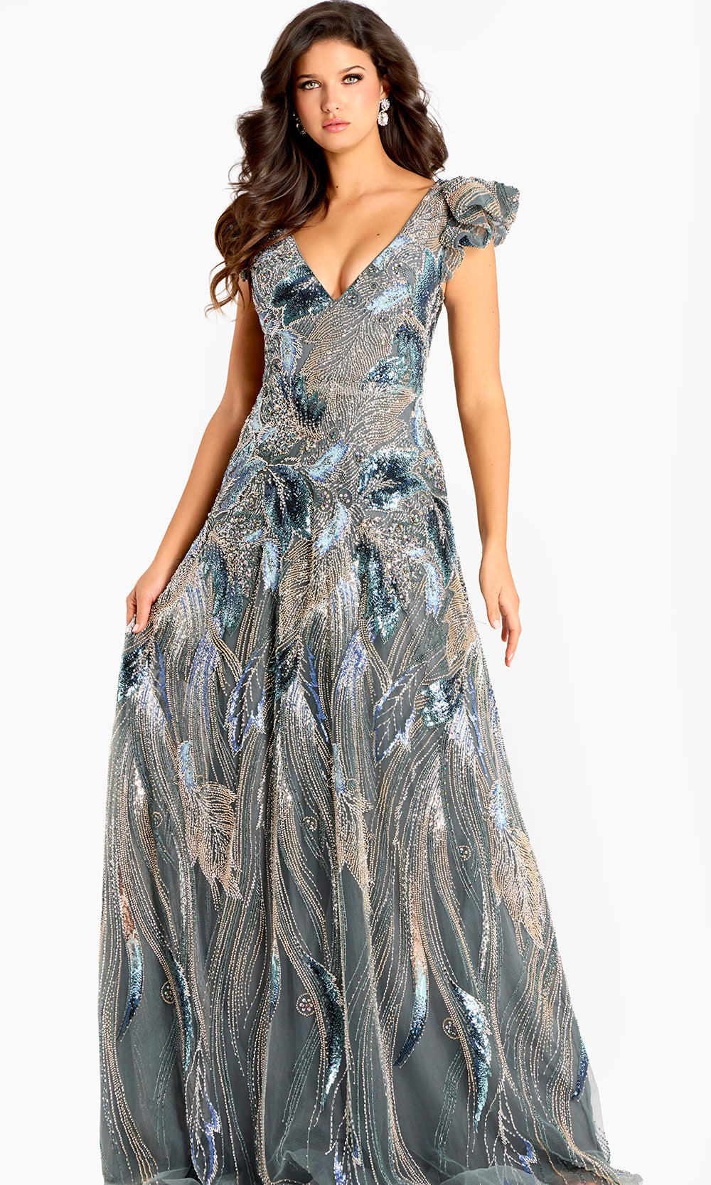 Jovani 45942 - Ruffled Cap Sleeve Sequin Evening Gown Special Occasion Dress In Grey