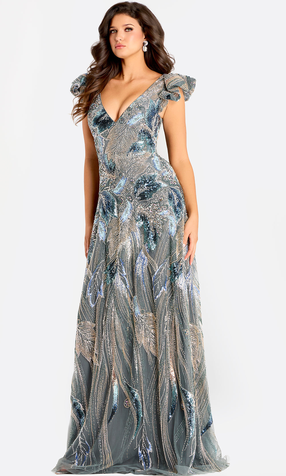 Jovani 45942 - Ruffled Cap Sleeve Sequin Evening Gown Special Occasion Dress In Grey