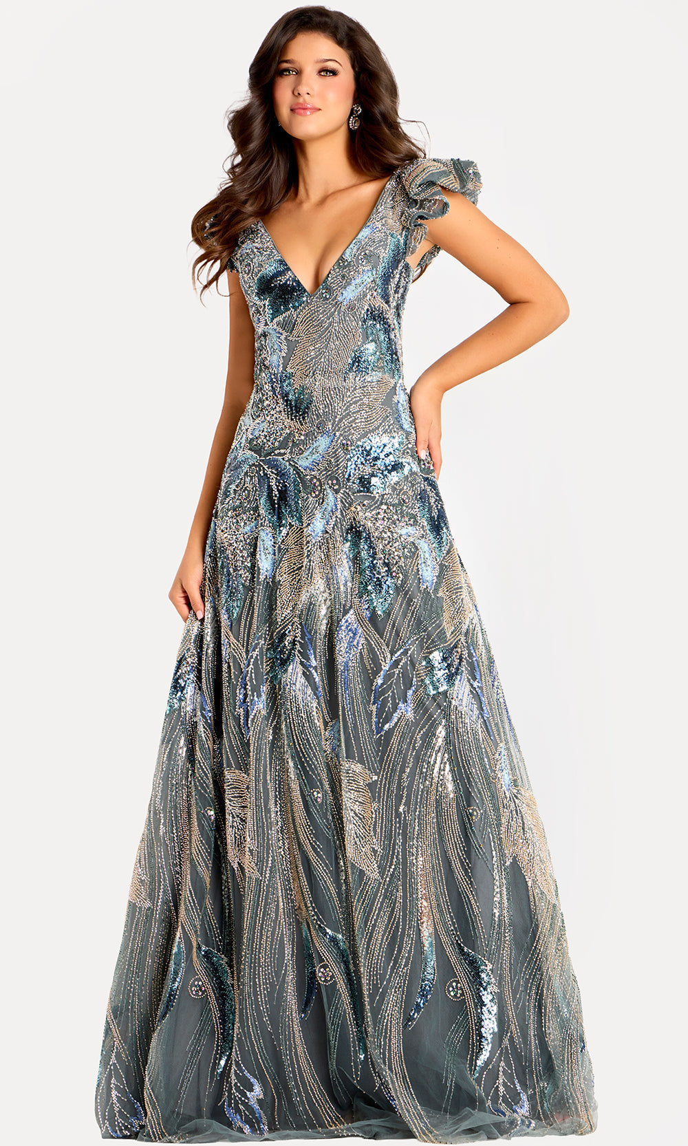 Jovani 45942 - Ruffled Cap Sleeve Sequin Evening Gown Special Occasion Dress In Grey