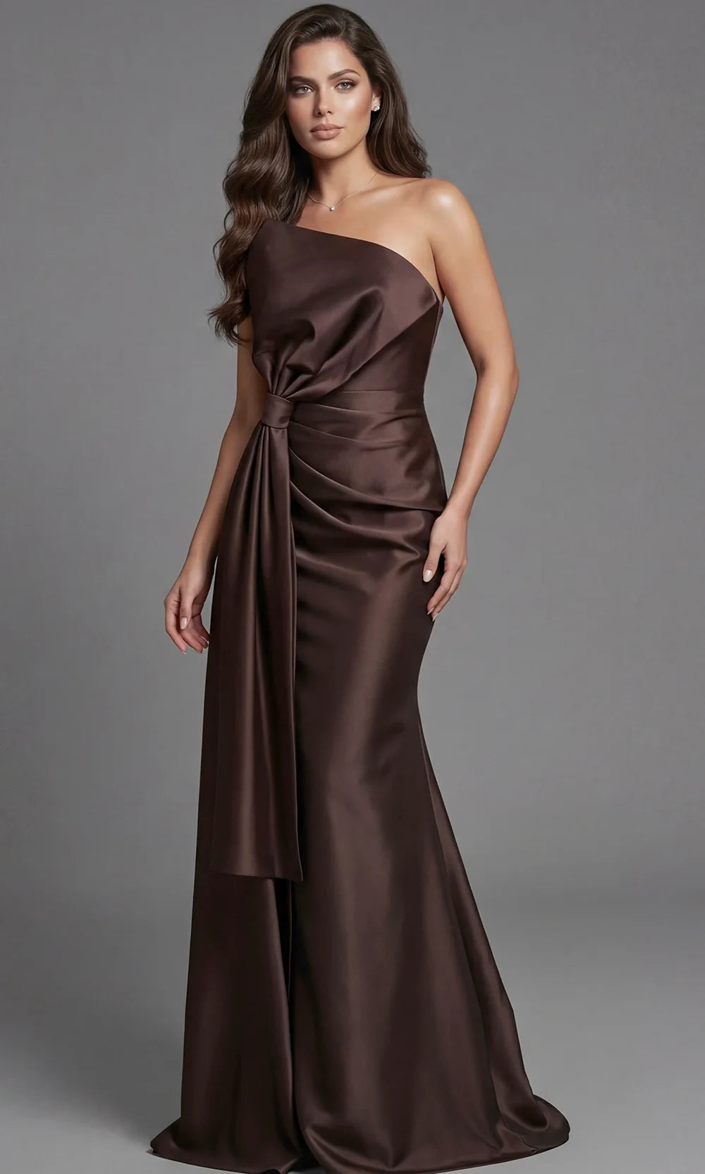 Jovani 45945 - Asymmetric Neck Draped Column Gown Special Occasion Dress In Brown