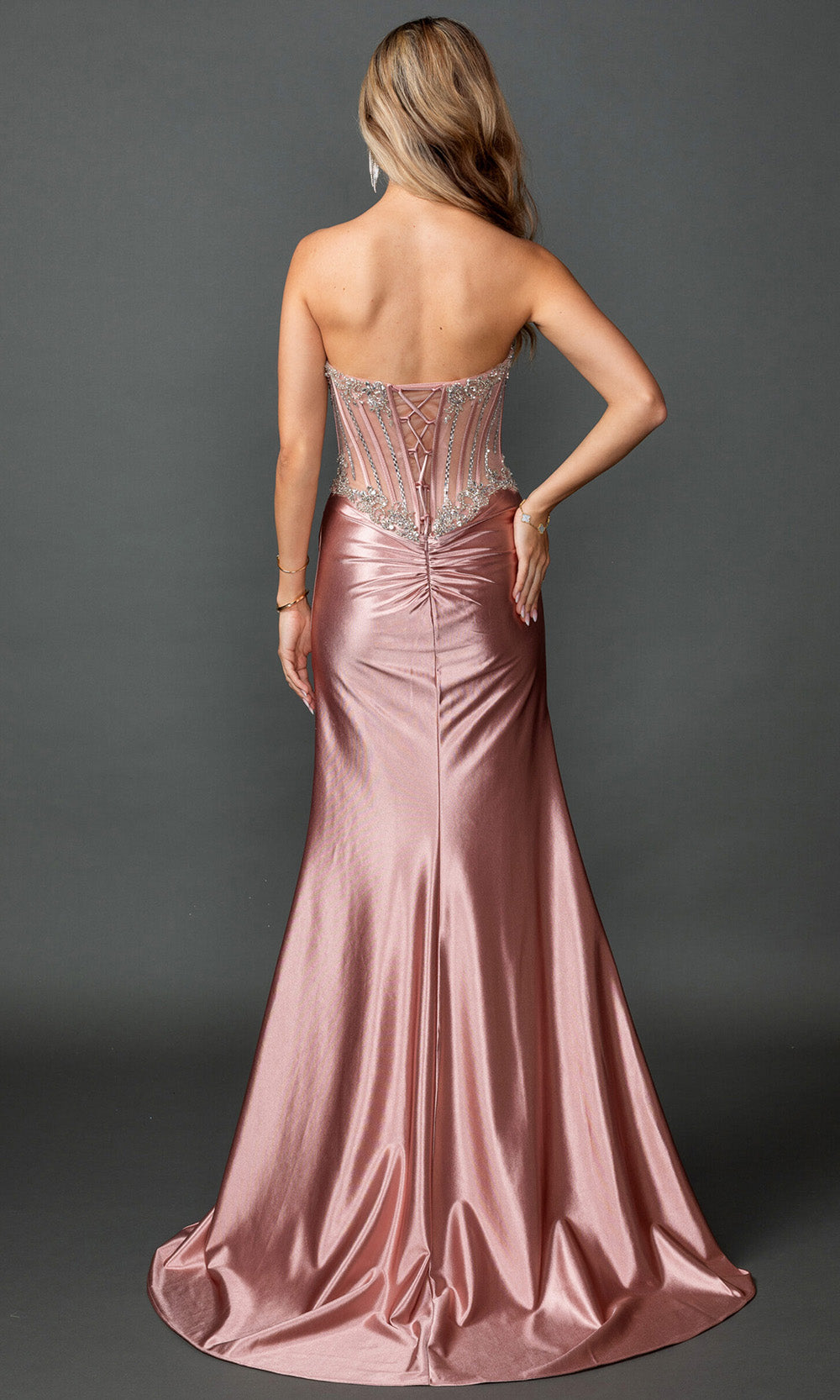 Dancing Queen 4594 - Sweetheart Beaded Corset Satin Gown Formal Gowns in Rose Gold