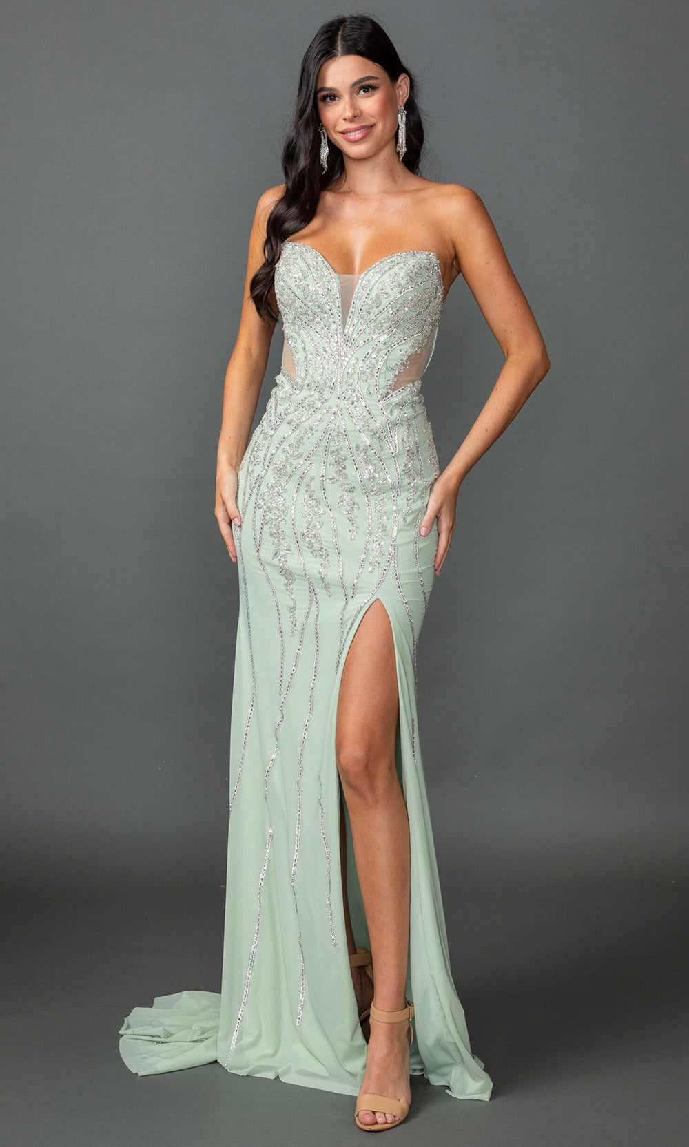Dancing Queen 4595 - Lace-Up Back Deep Sweetheart Prom Gown Prom Dresses in Sage 