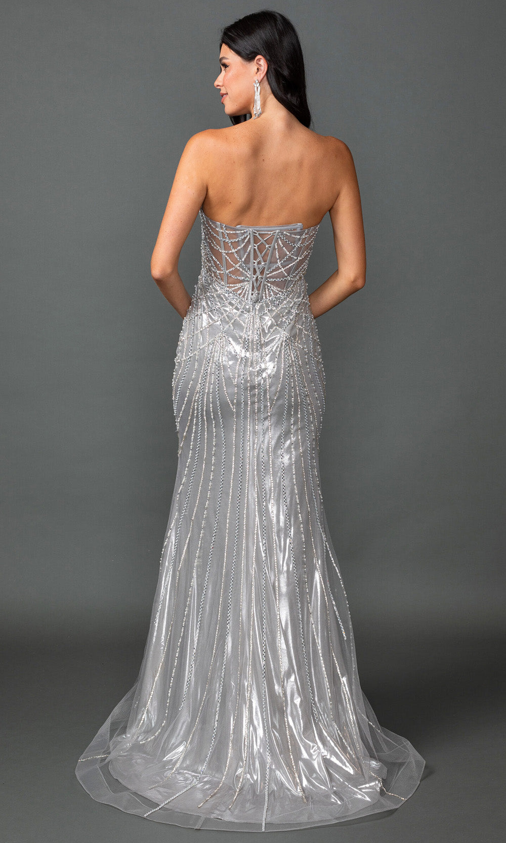 Dancing Queen 4596 - Beaded Illusion Corset Long Gown Prom Dresses in Silver 