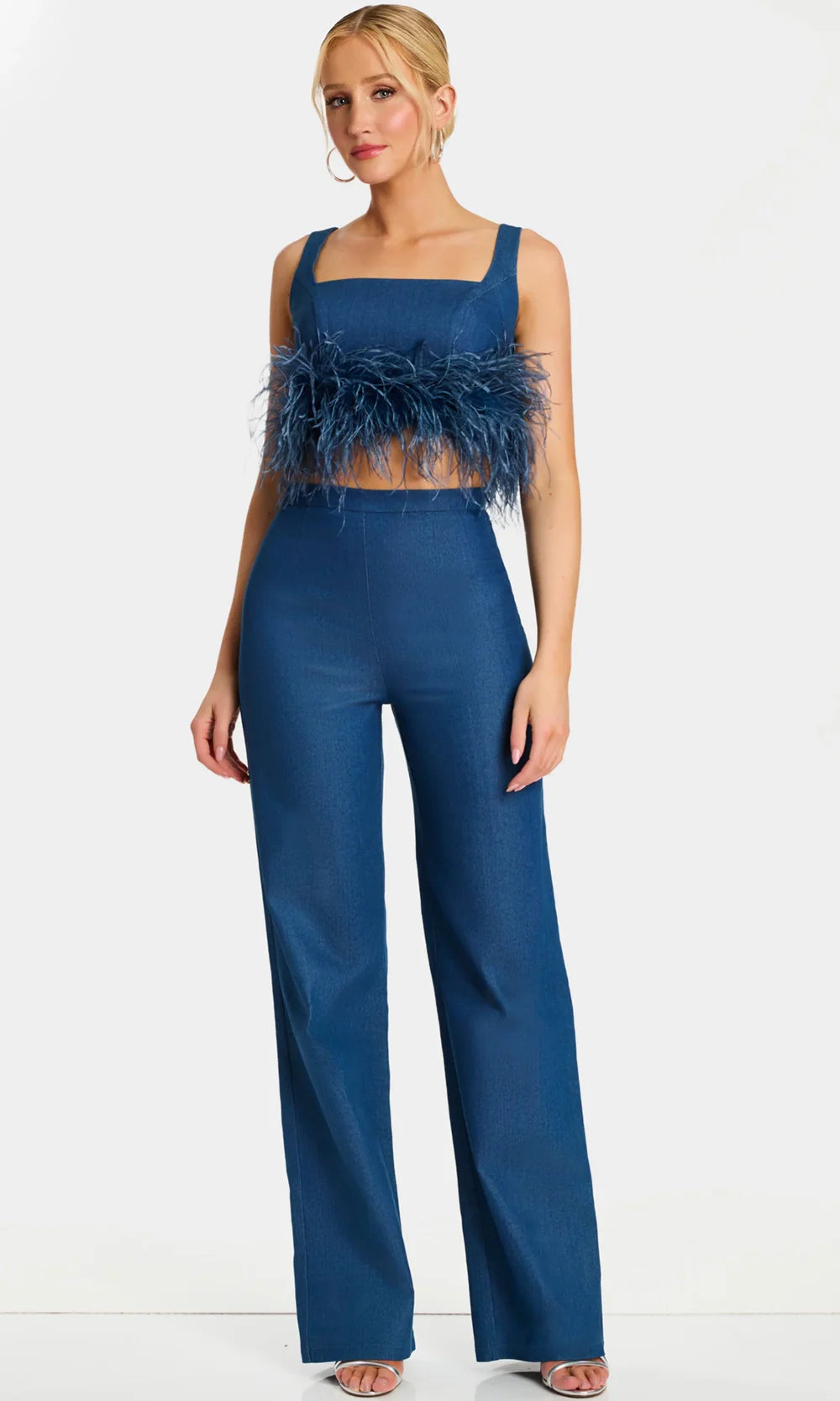 Jovani 45973 - Wide Strap Denim Pantsuit with Feathers Formal Pantsuits  in Denim 