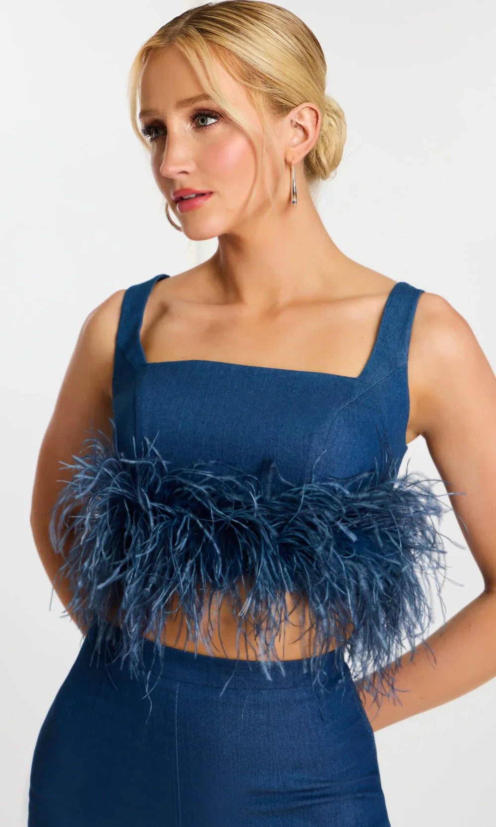 Jovani 45973 - Wide Strap Denim Pantsuit with Feathers Formal Pantsuits  in Denim 