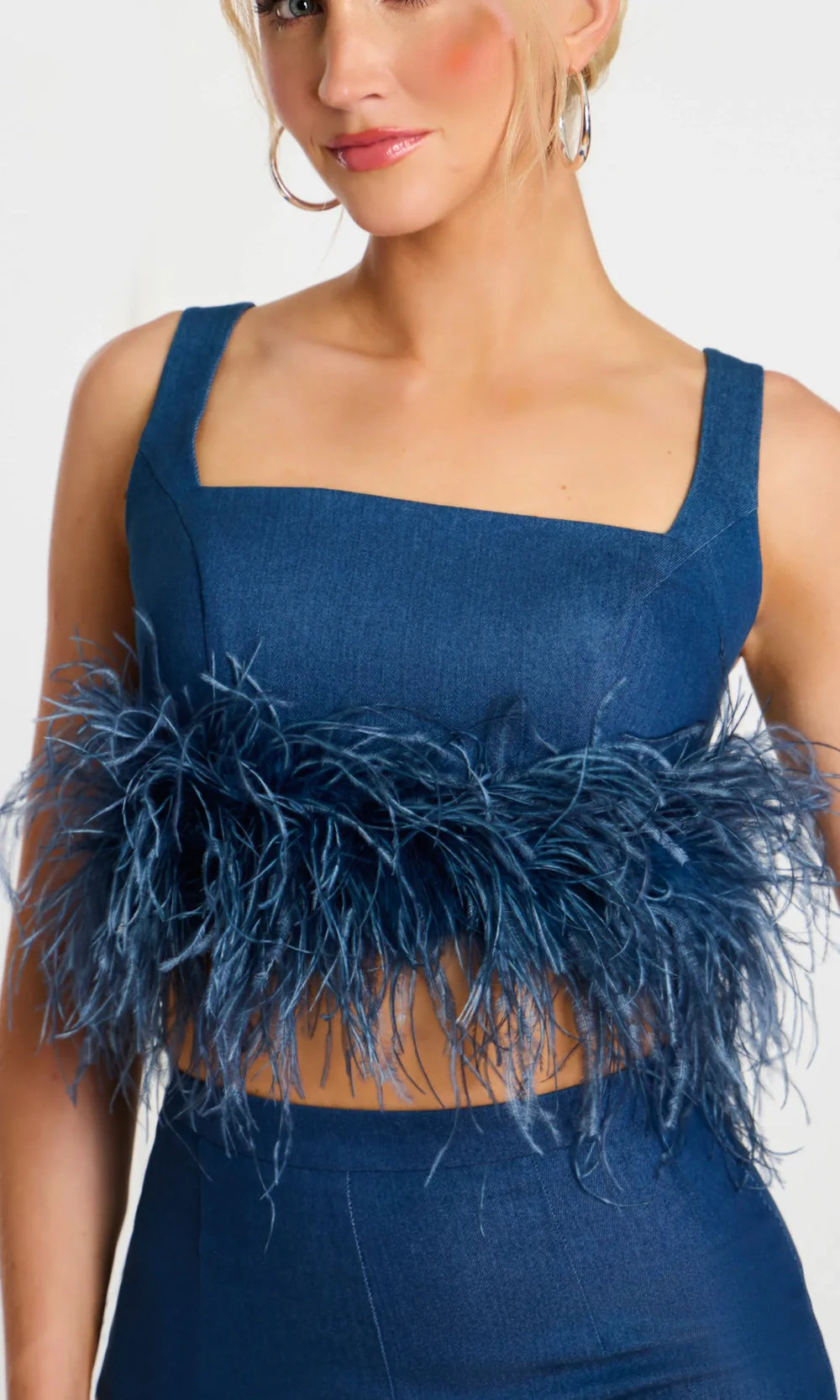 Jovani 45973 - Wide Strap Denim Pantsuit with Feathers Formal Pantsuits  in Denim 