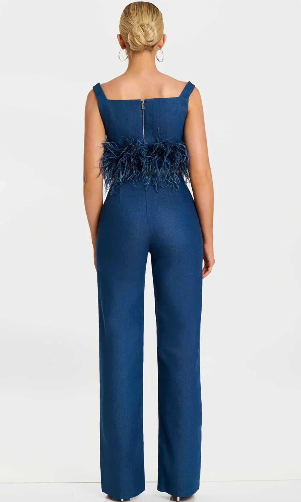 Jovani 45973 - Wide Strap Denim Pantsuit with Feathers Formal Pantsuits  in Denim 