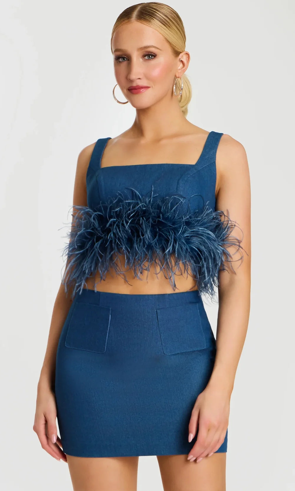 Jovani 45974 - Feather Trim Crop Top Denim Mini Dress Special Occasion Dress In Denim