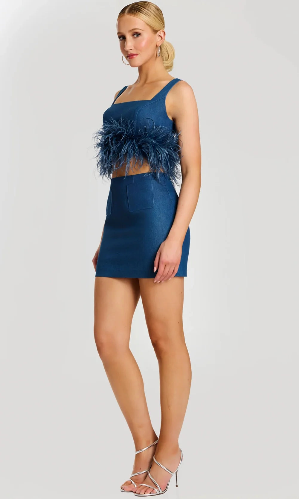 Jovani 45974 - Feather Trim Crop Top Denim Mini Dress Special Occasion Dress In Denim