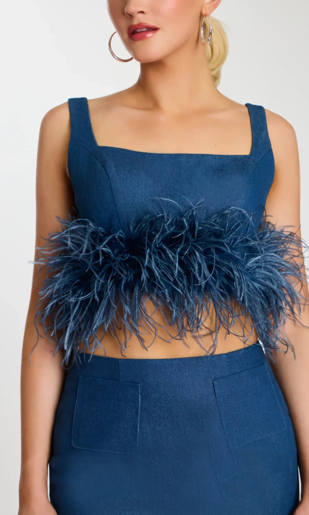 Jovani 45974 - Feather Trim Crop Top Denim Mini Dress Special Occasion Dress In Denim