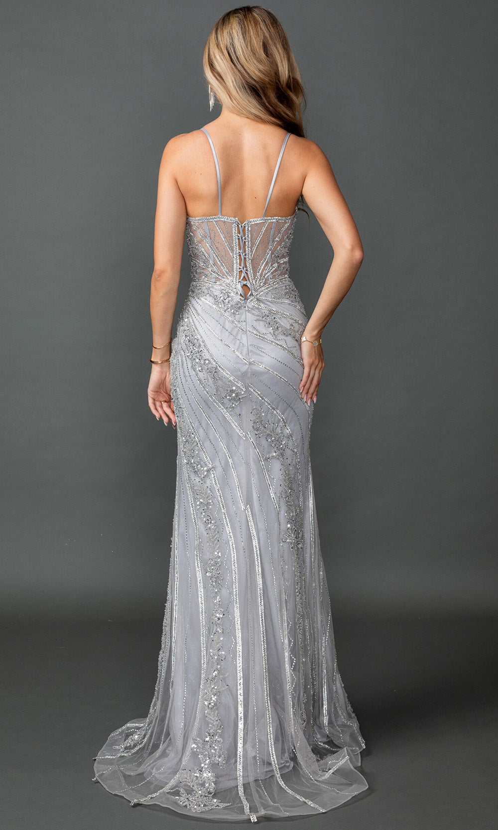 Dancing Queen 4599 - Sleeveless Beaded Lace Prom Gown with Slit Prom Dresses in Silver 