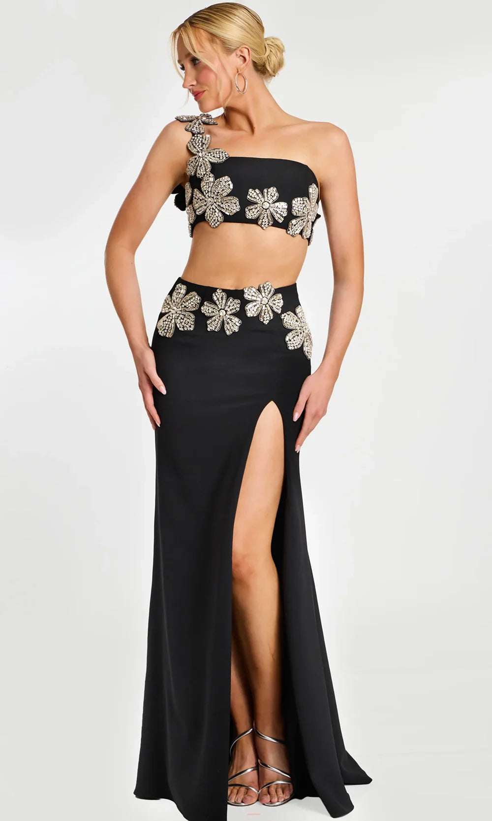 Jovani 46003 - Crystal Floral Two Piece Fitted Gown Prom Dresses  in Black 