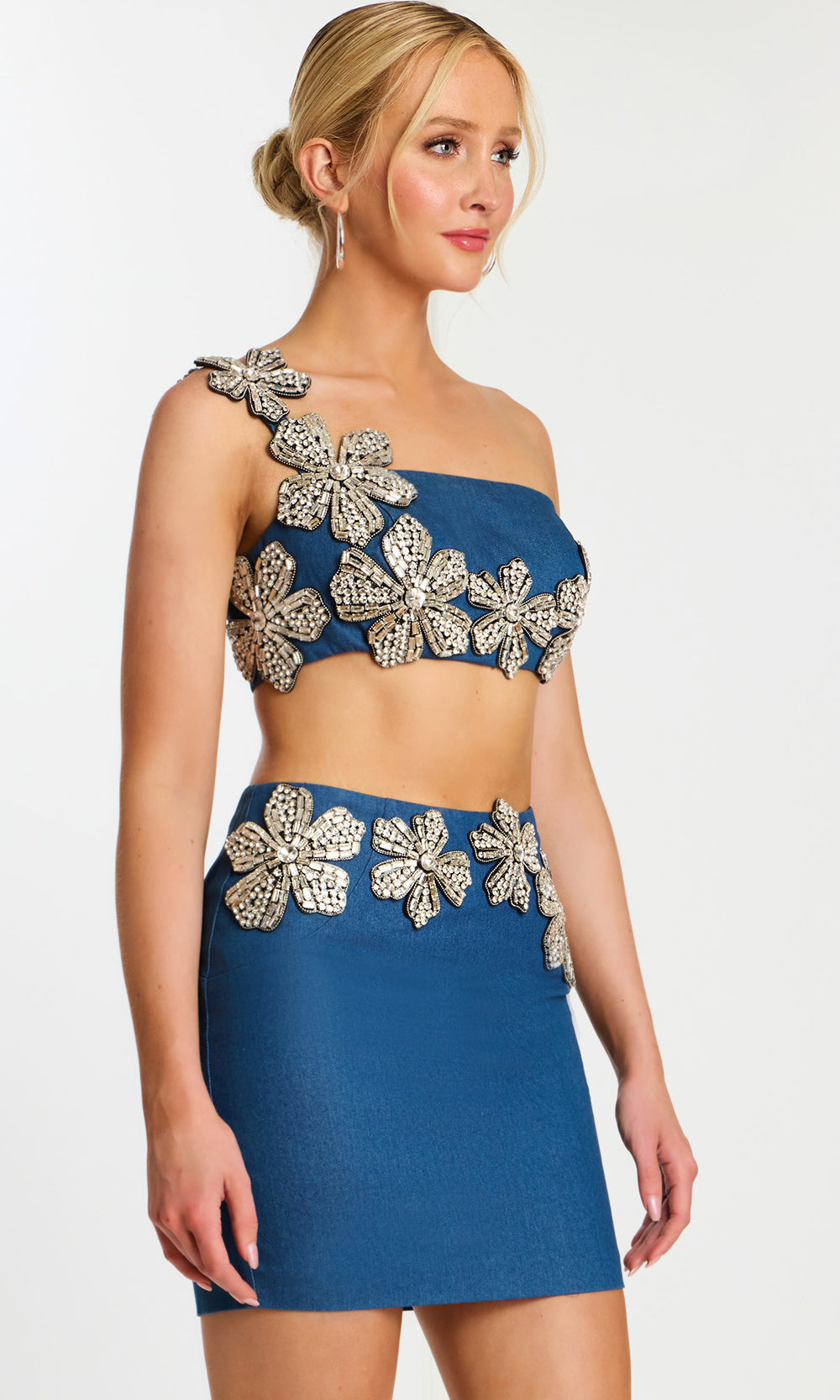 Jovani 46004 - Asymmetric Two Piece Dress with Crystal Flowers Homecoming Dresses  in Denim  