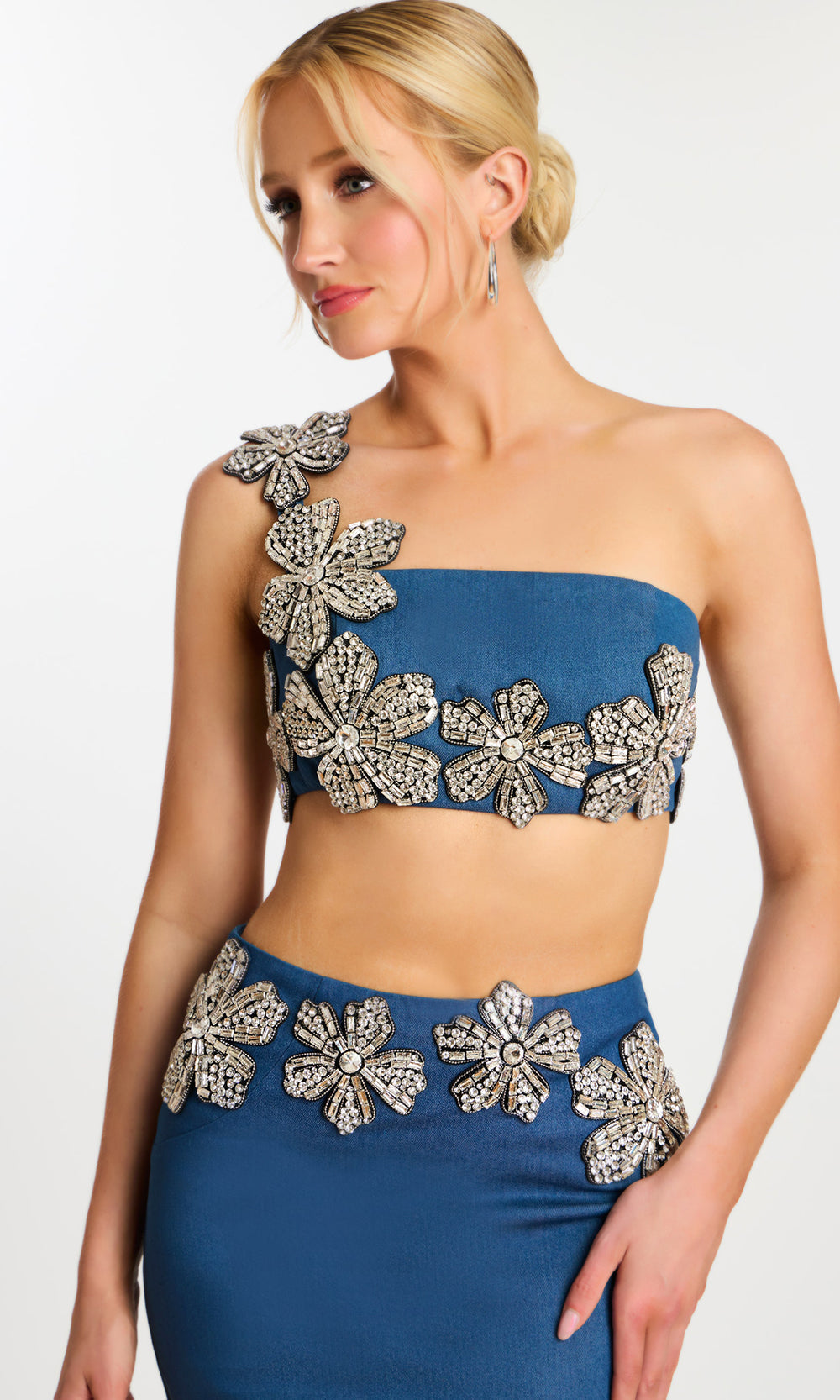 Jovani 46004 - Asymmetric Two Piece Dress with Crystal Flowers Homecoming Dresses  in Denim  