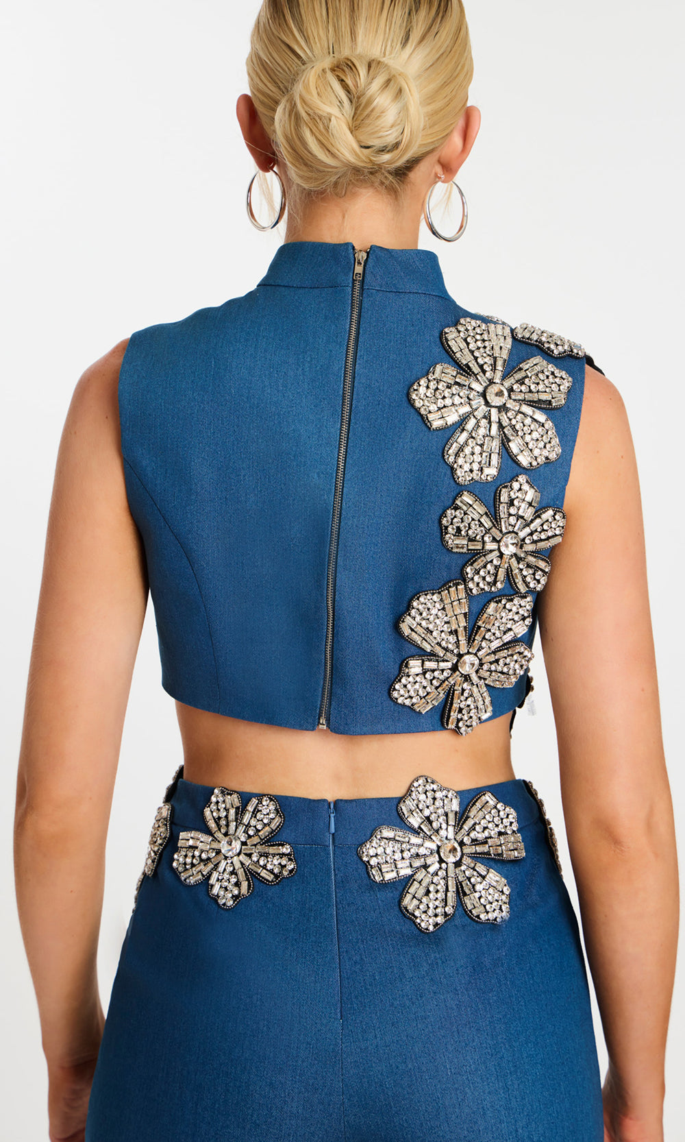Jovani 46008 - Sleeveless Two Piece Romper with Crystal Floral Details Cocktail Dresses  in Denim  